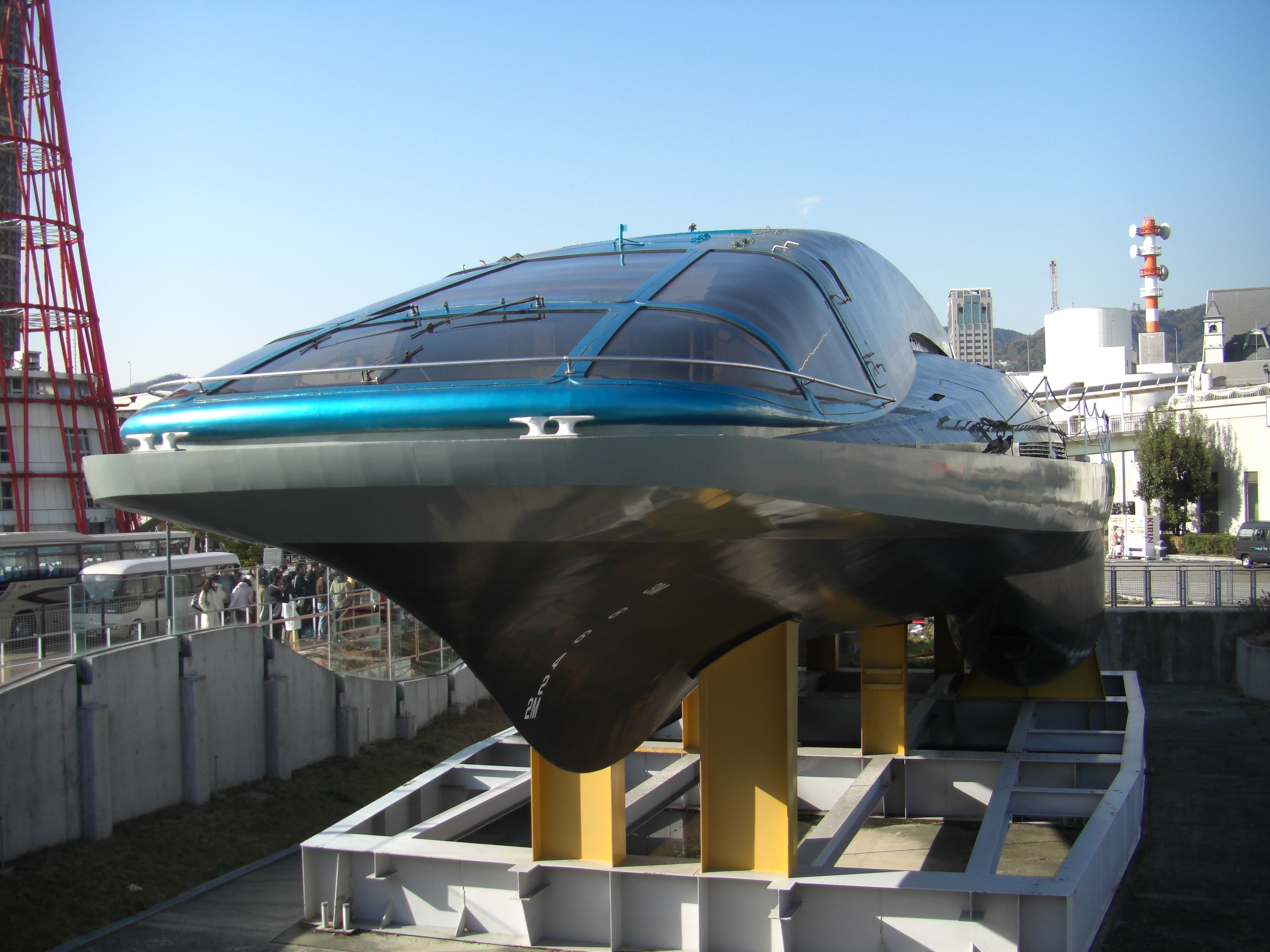 Yamato 1 on display in front of the Kobe Maritime Museum in Kobe, Hyogo, Japan. This is a Superconducting Electromagnetic Propulsion Boat.