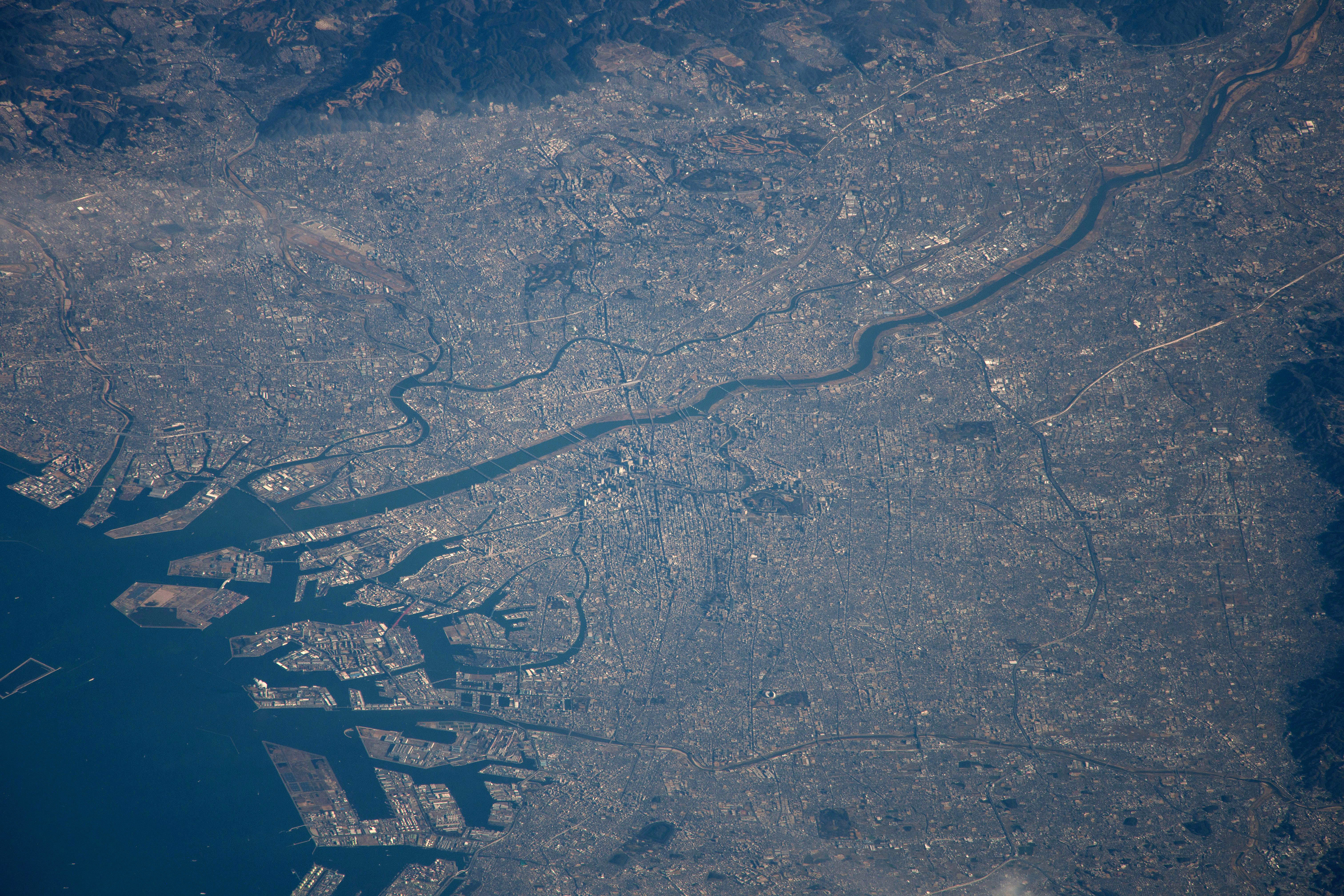 The satellite picture of Osaka City and Yodo River, Osaka prefecture, Japan.