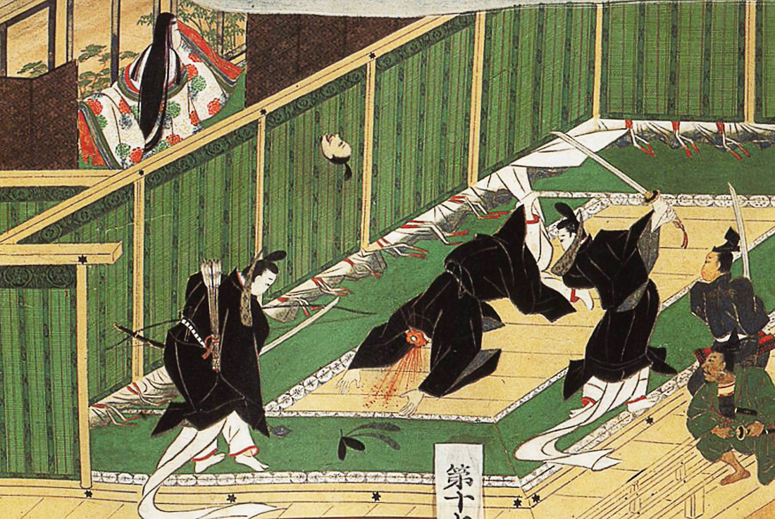 Depiction of the assassination of Soga no Iruka from the Tōnomine Engi Scroll, painted during the Edo period (17-19th century).