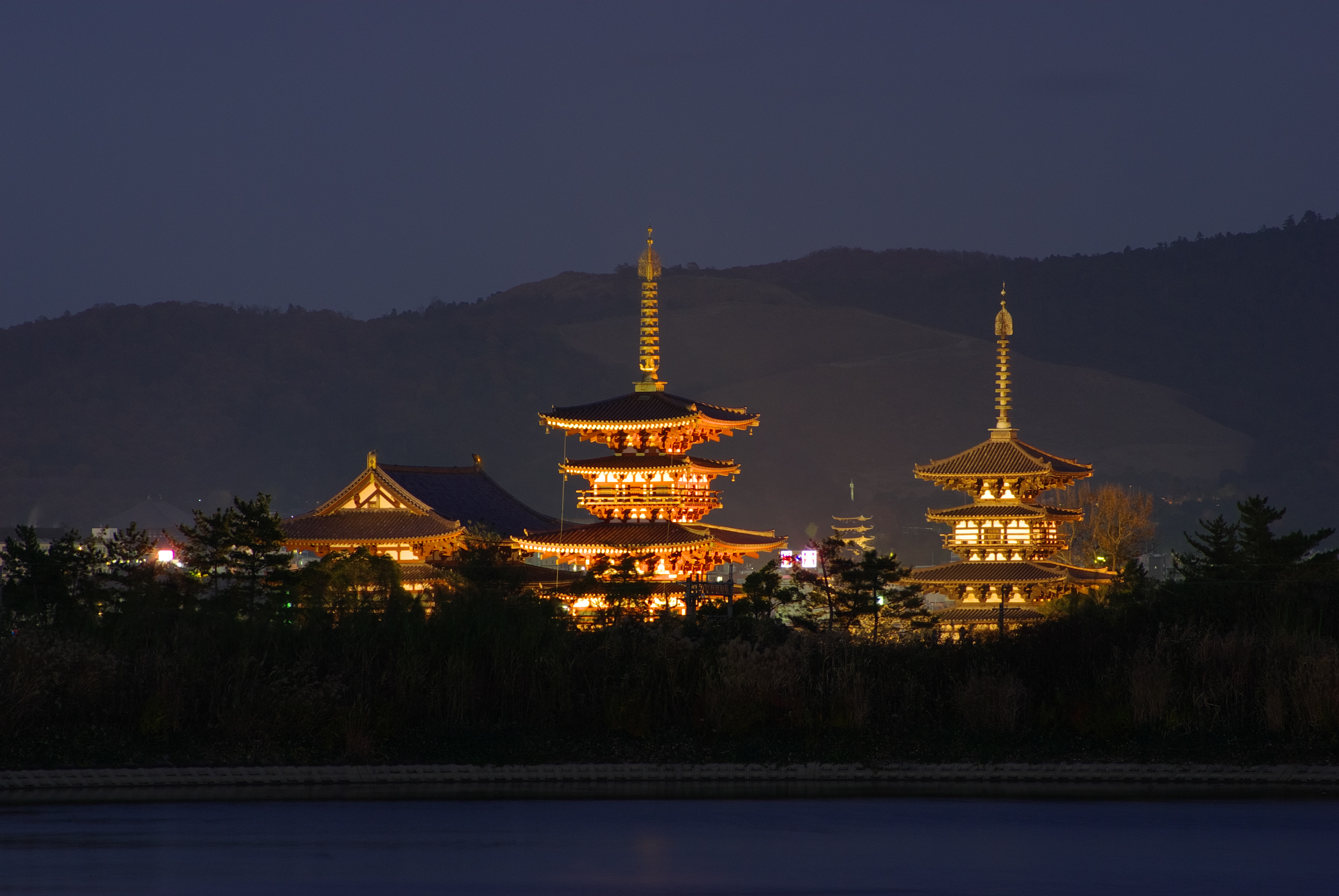 The night view of both pagodas of east and west at Yakushiji-temple