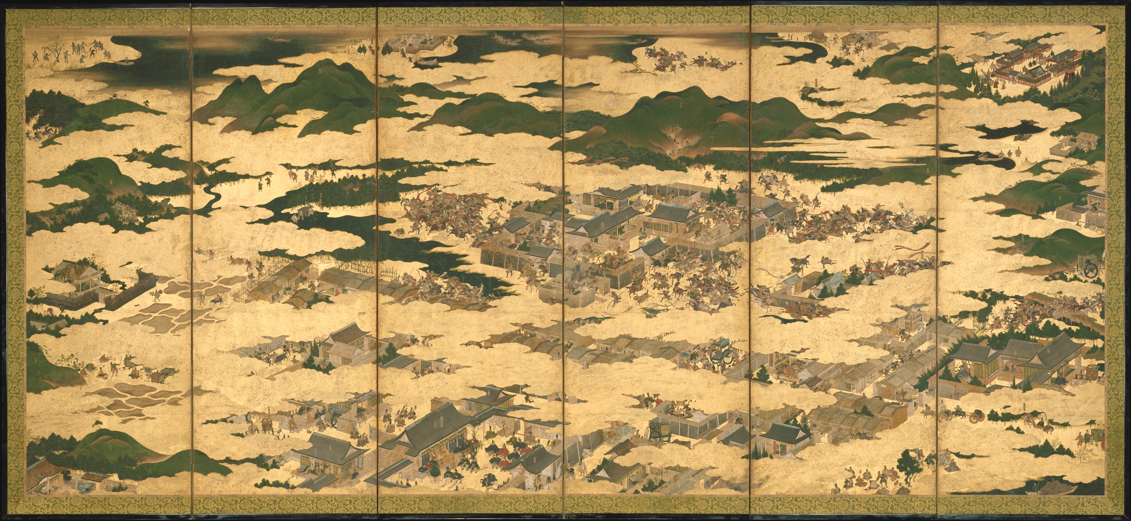 “The Rebellions of the Hogen and Heiji Eras,” Edo period (1615–1868), 17th century. Progressing from right to left, the screen illustrates a number of legendary fighting scenes as narrated in “The Tale of the Hogen Rebellion.” The rebellion, which occurred in central Kyoto in the summer of 1156, involved a dispute over succession between Emperor Go-Shirakawa and former Emperor Sutoku.