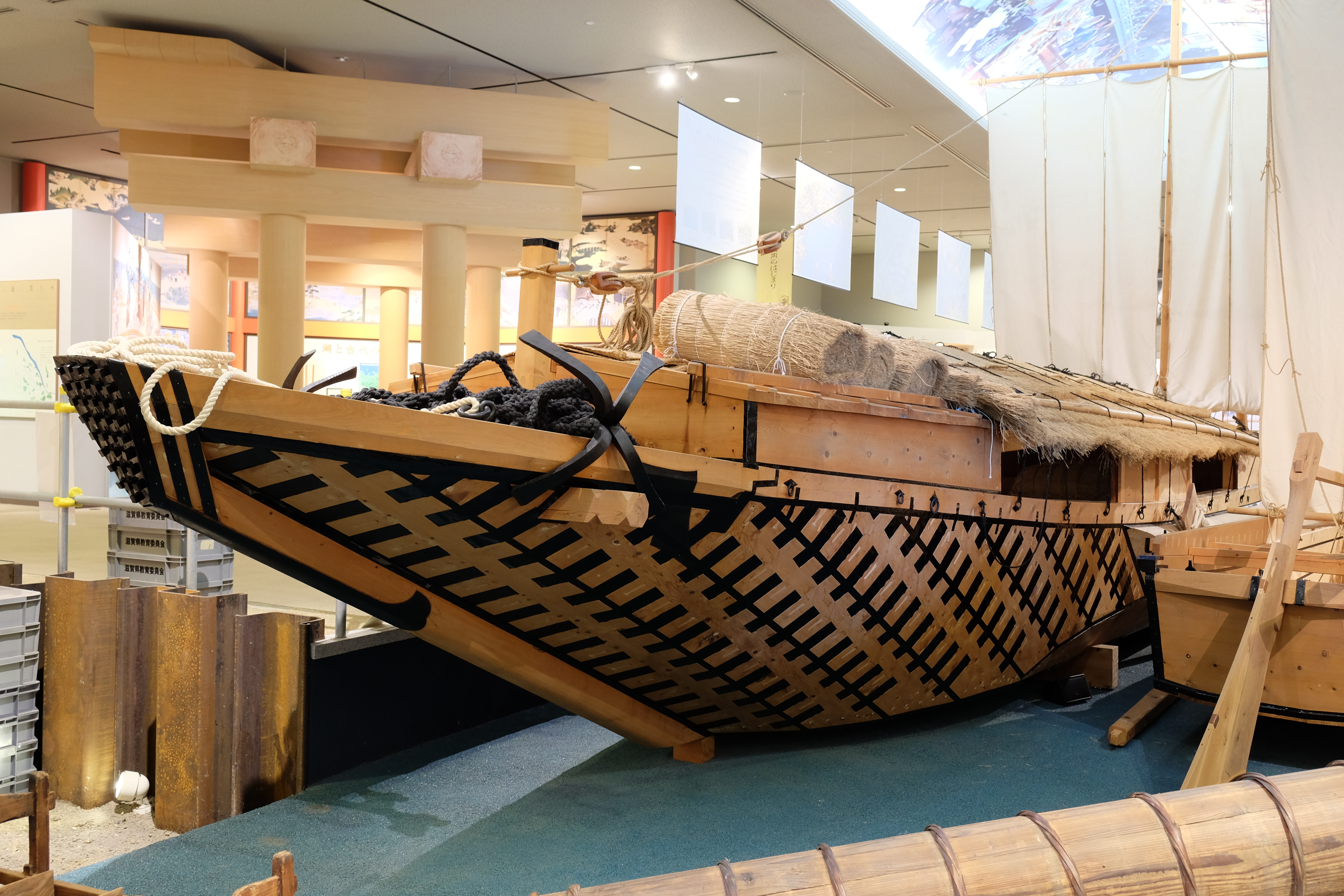 The bow of a Japanese 'maruko-bune' cargo boat. Exhibit at the Lake Biwa Museum, Shiga Prefecture, Japan.