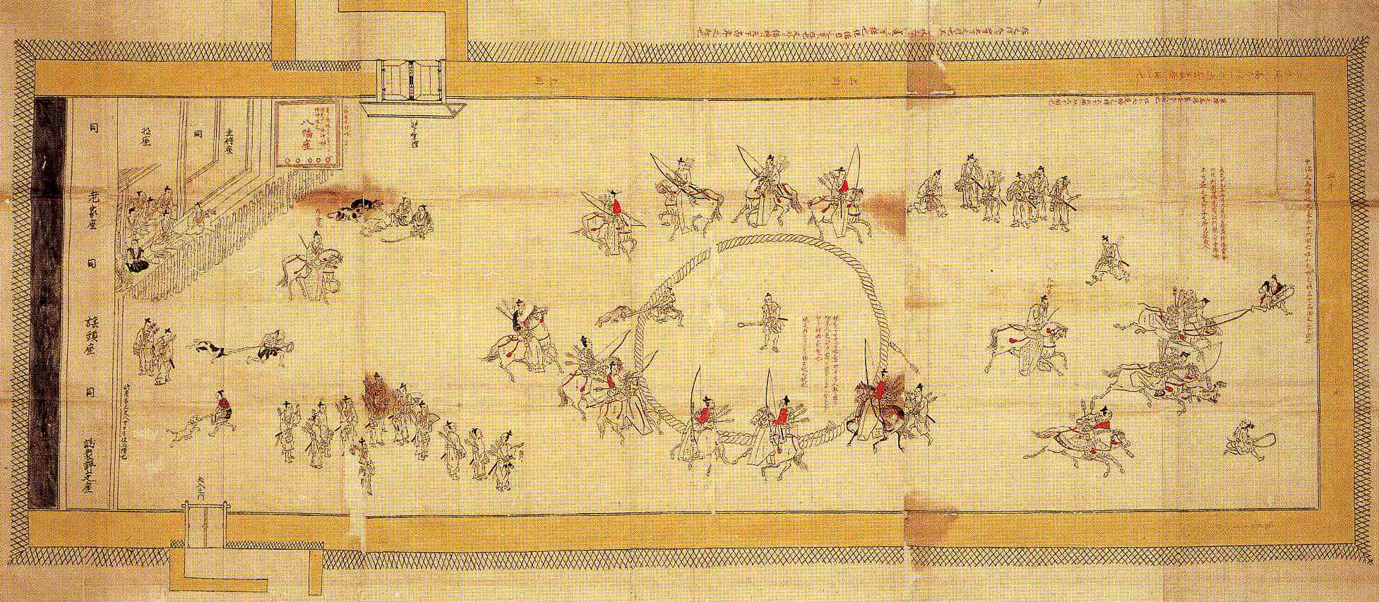 Inuoumono map. Mounted archers shooting at dogs. A diagram depicting the state of Inuoumono during the Muromachi period. It is said that it was drawn as a Kannonji Castle Honmaru barrier painting. Picture book light color. 110.0 cm x 230.0 cm, private collection.