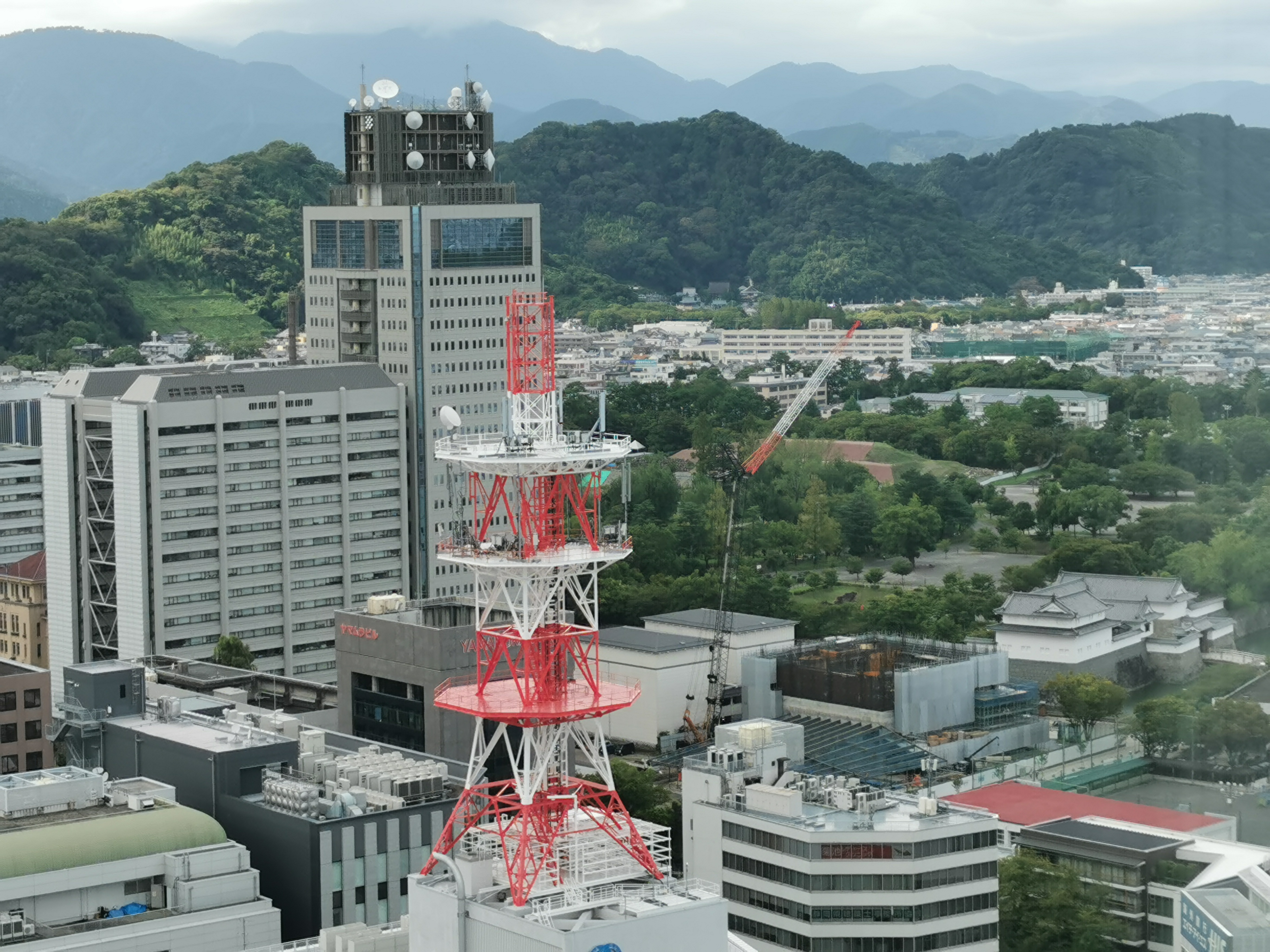 駿府城公園と静岡県庁。左手奥が賤機山。右手奥が城北地区。