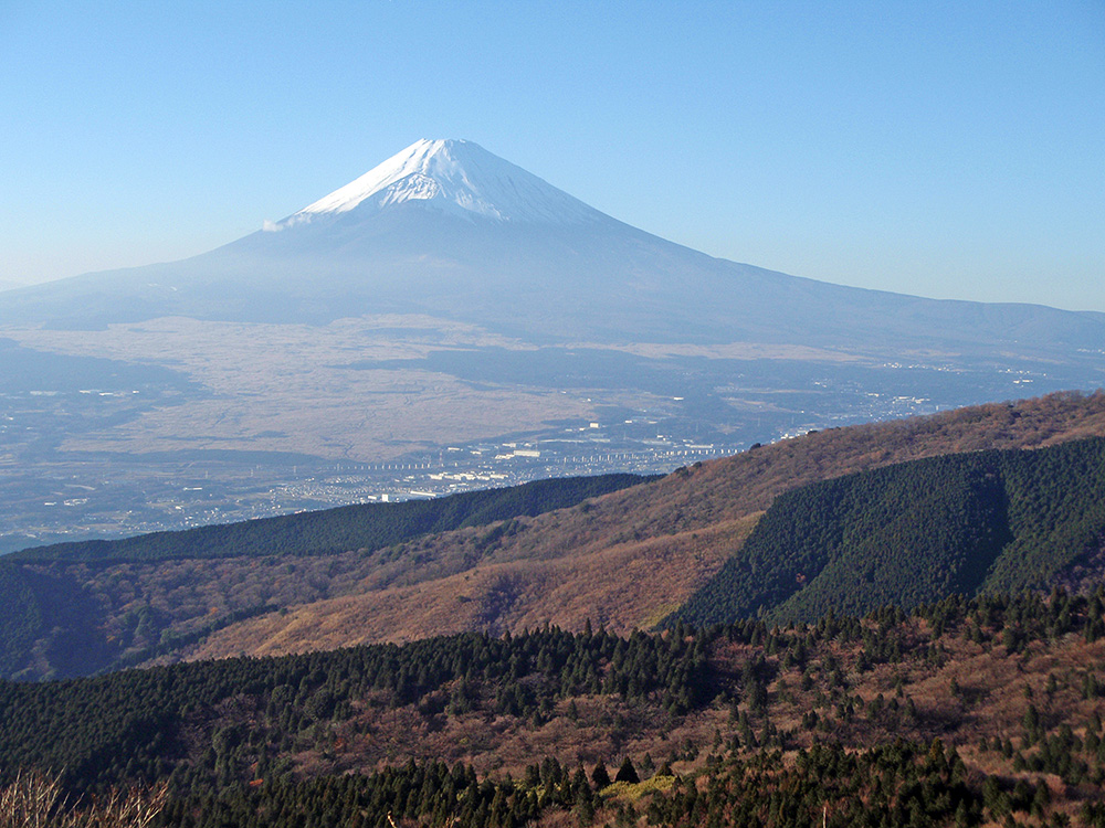 Mount Fuji as seen from the southeast. Shot from Ashinoko Skyline (road name) in Shizuoka Prefecture, Japan.