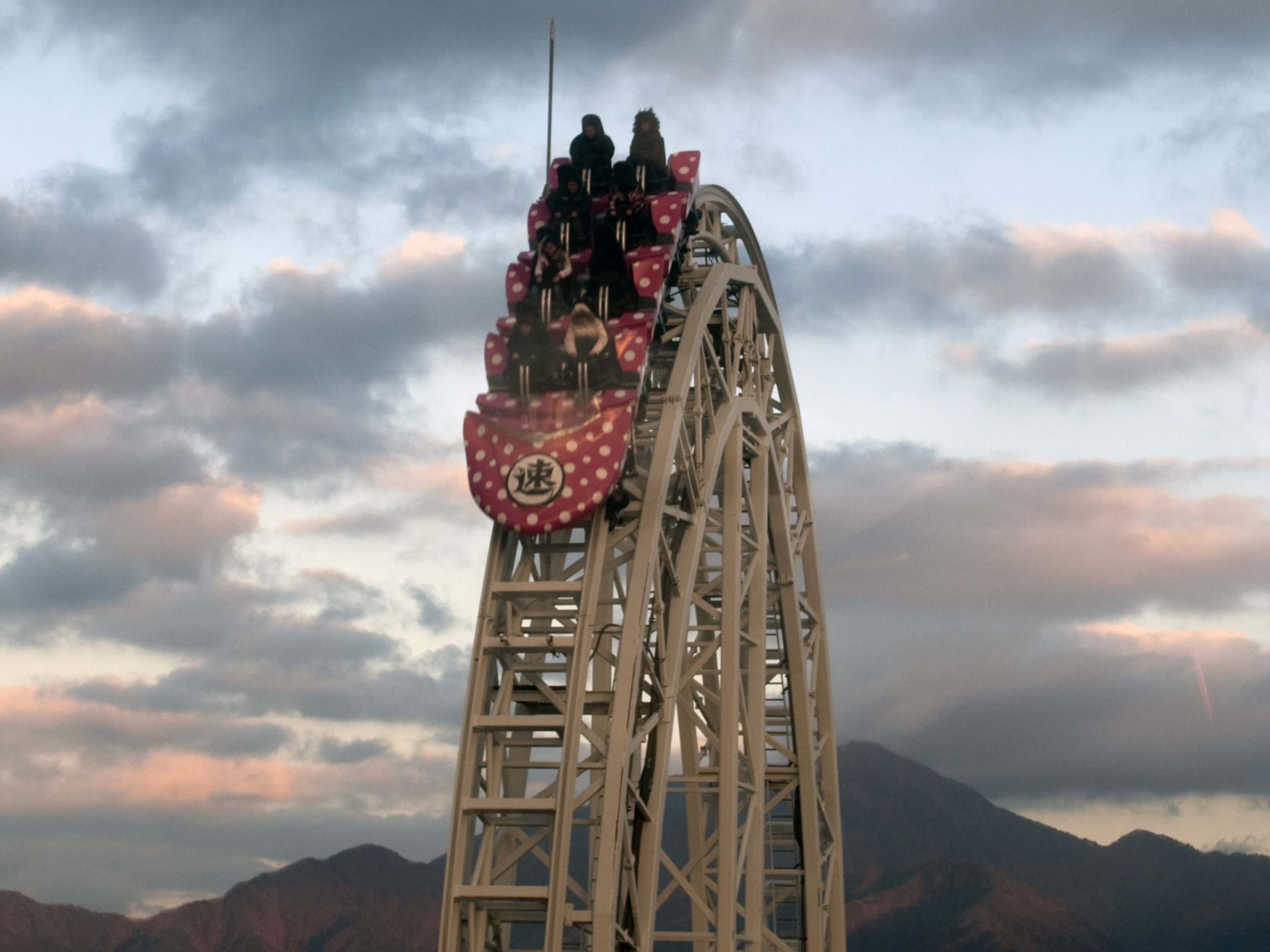 Dodonpa Roller Coaster going down from the top point in Fujikyu Highland in Fujiyoshida, Yamanashi, Japan.