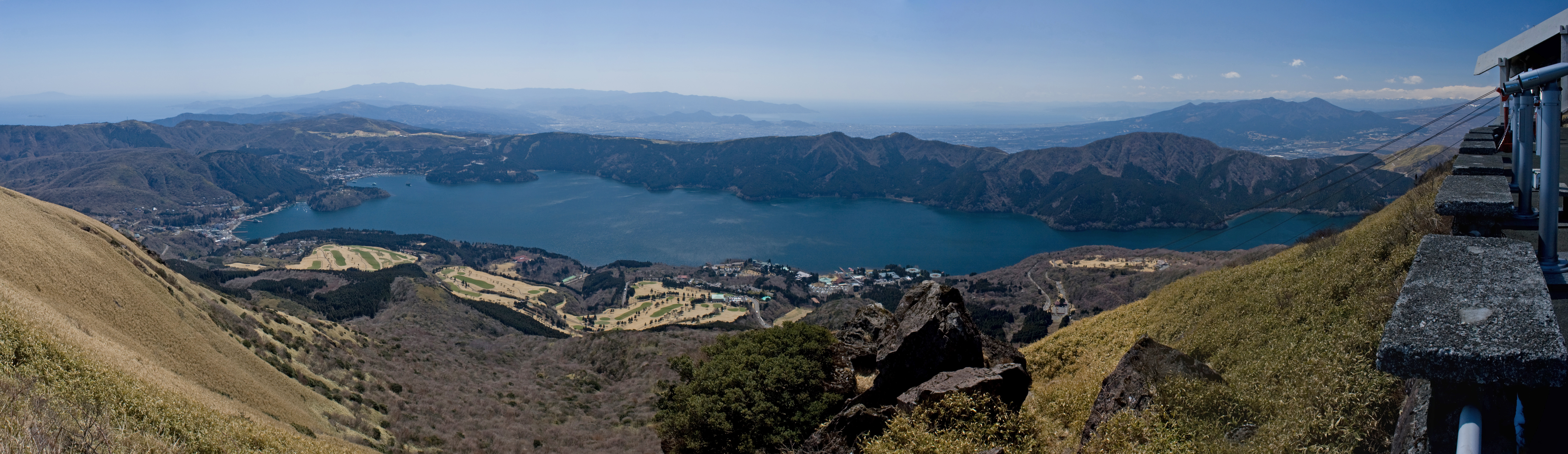 Lake Ashi (Ashi-no-ko) as seen from Mount Hakoene's Komagatake in Hakone, Kanagawa Prefecture, Japan.