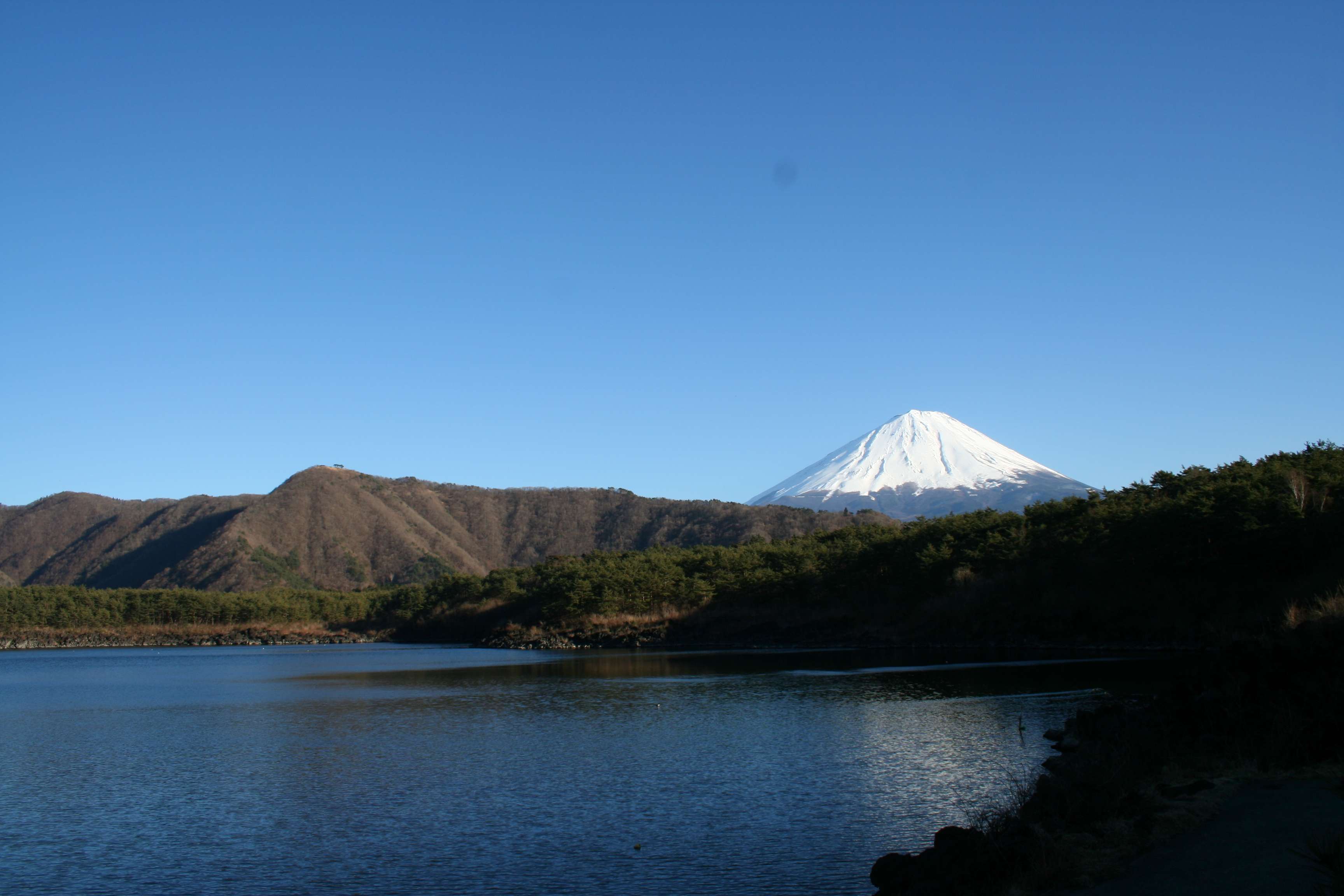 Lake Sai from West End, with mount fuji in background. This lake is very little developed as compared to lake Kawaguchiko.