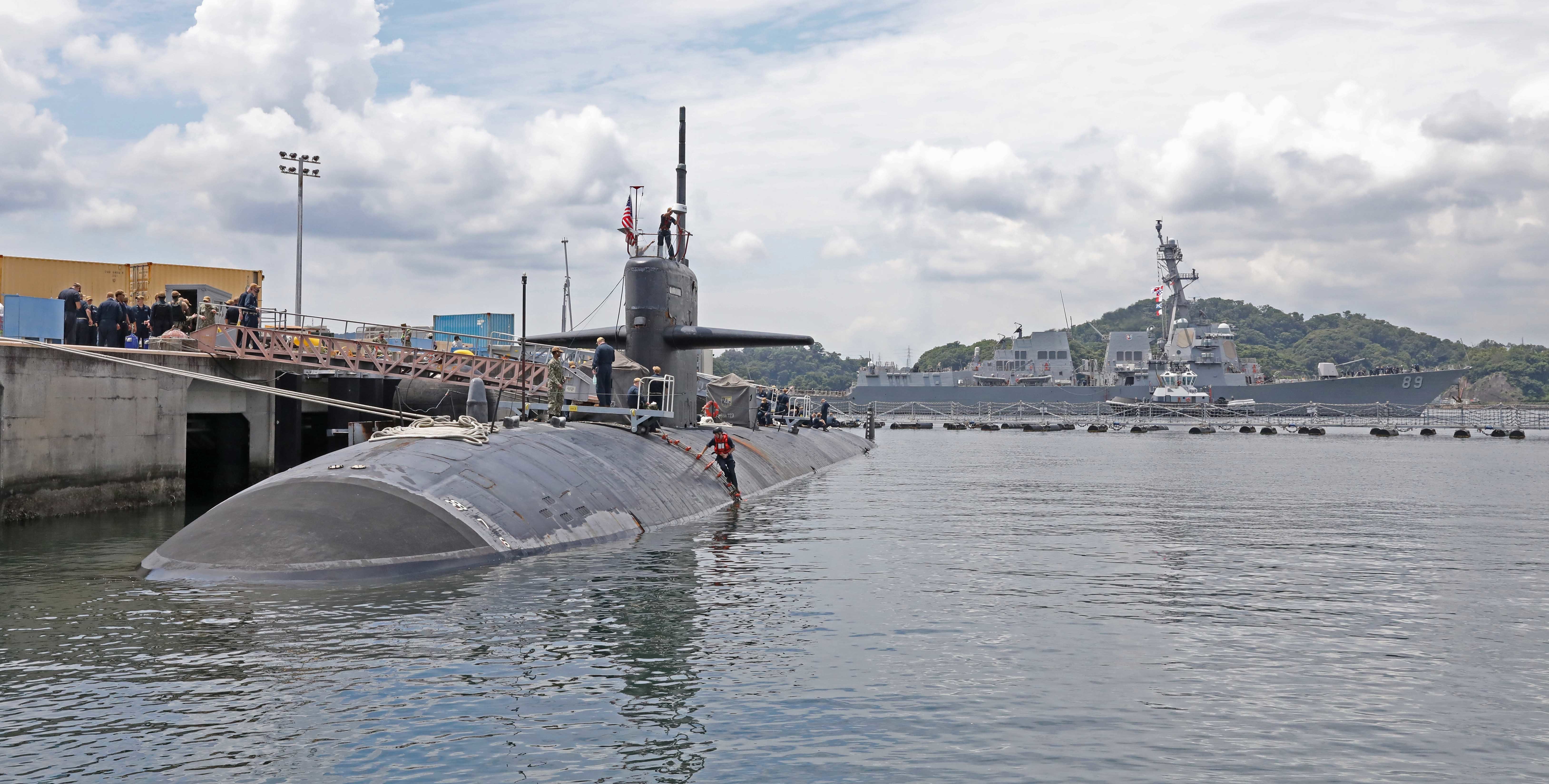 YOKOSUKA, Japan (June 22, 2021) The Los Angeles-class fast-attack submarine USS Oklahoma City (SSN 723) arrives at Fleet Activities Yokosuka for a scheduled port visit, June 22, 2021. Oklahoma City is forward deployed to Guam and routinely operates in the region supporting national security interests and conducting maritime security operations. (U.S. Navy photo by Mass Communication Specialist 2nd Class Adam K. Thomas)