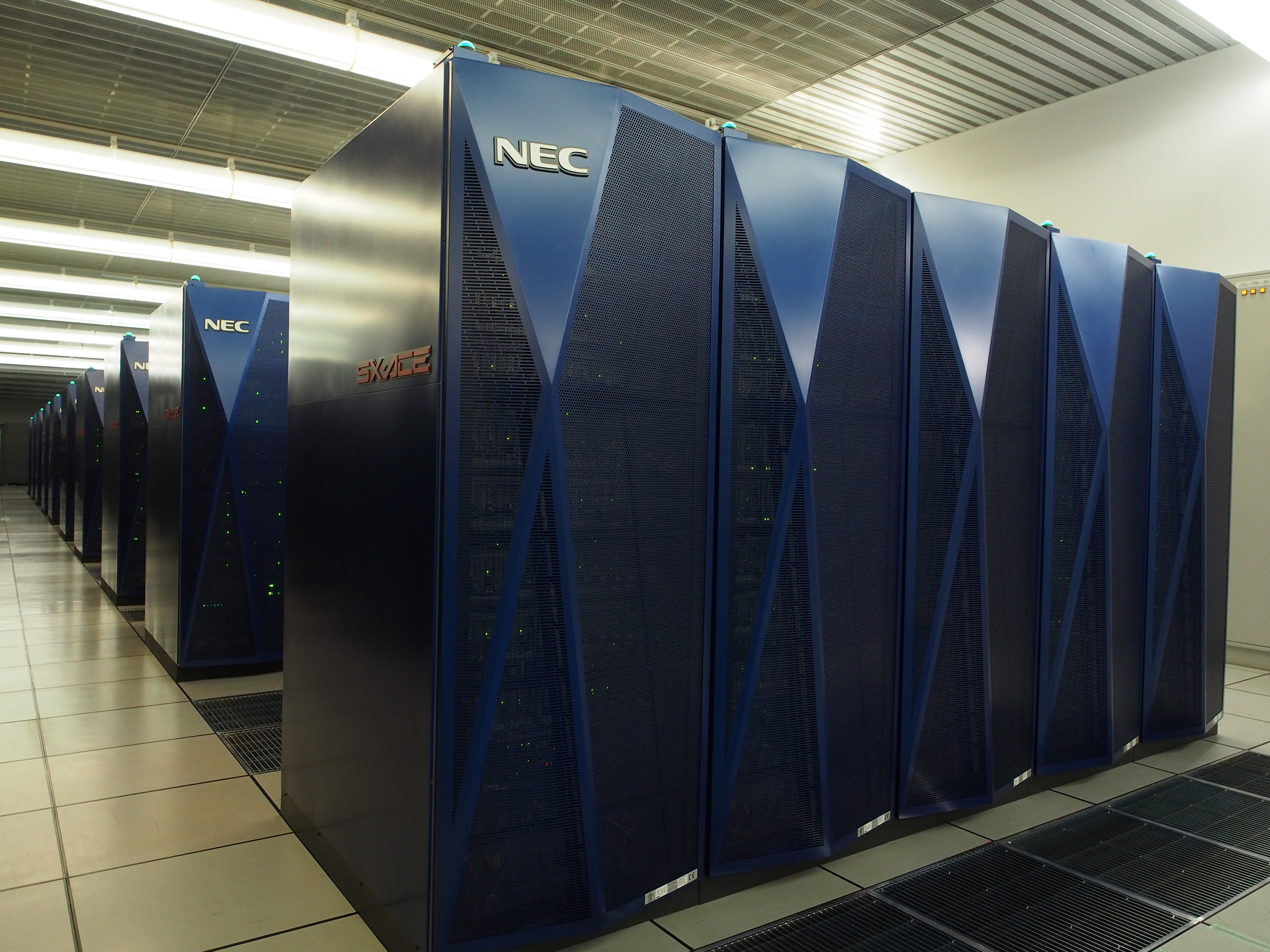 Racks of computational nodes of Earth Simulator 3, the third generation of supercomputer at JAMSTEC.
Photographed on the open house day of JAMSTEC Yokohama Institute for Earth Sciences.