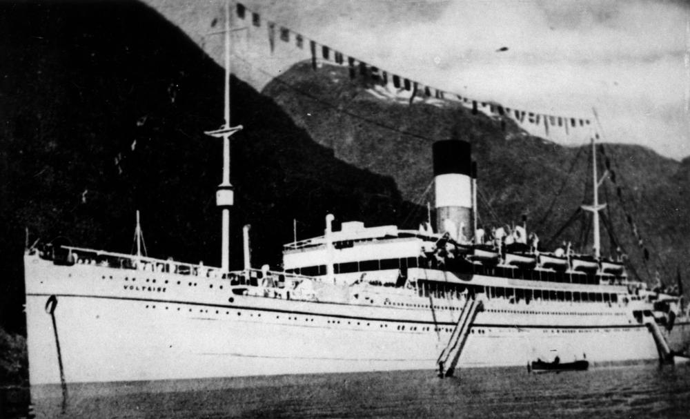 Lamport and Holt Ltd 13,245 GRT liner Voltaire, built by Workman, Clark &amp; Co in Belfast in 1923. Requesitioned in the Second World War and converted into an Armed Merchant Cruiser. Shelled and sunk in the North Atlantic on April 18th 1941 by the German auxiliary cruiser Thor, killing 74 of her 269 crew. Thor captured the survivors and made them prisoners of war.