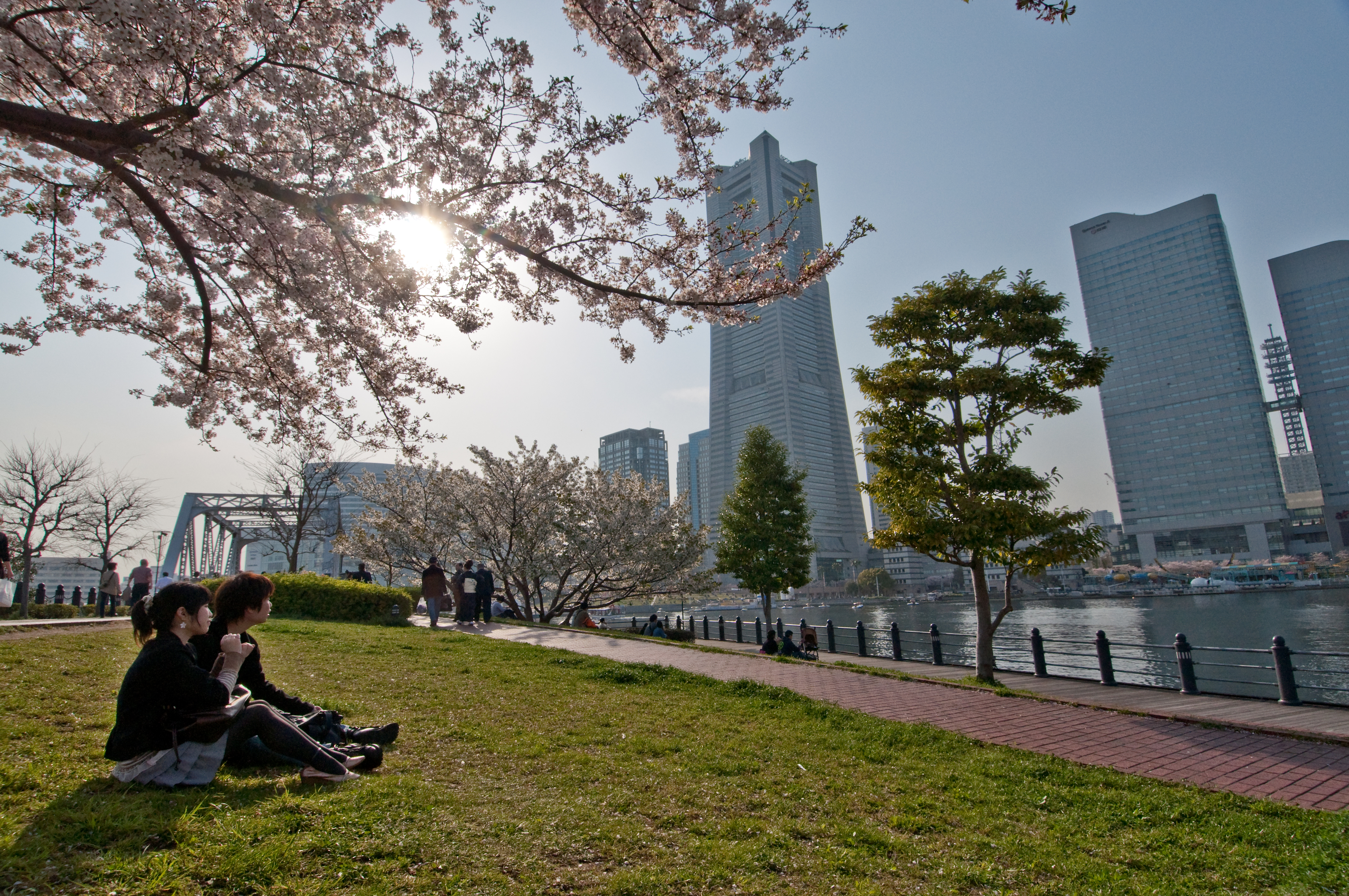 View of the Minato Mirai 21 skyline in Yokohama, Japan from the Kishamichi Promenade.