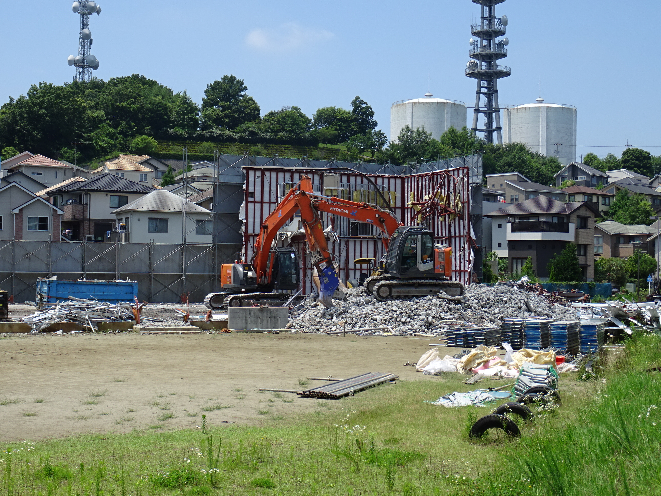 Prefabricated school facility being demolished in Tama New Town. There are fewer children being born, with no longer as much need for classroom space. July 15, 2010.
