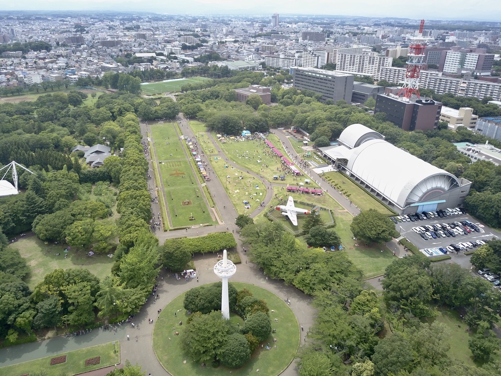 Aerial View of the Tokorozawa Aviation Memorial Park. In the left center (right of the trees), is the location of the original air field.  The Tokorozawa Aviation Museum is to the right.