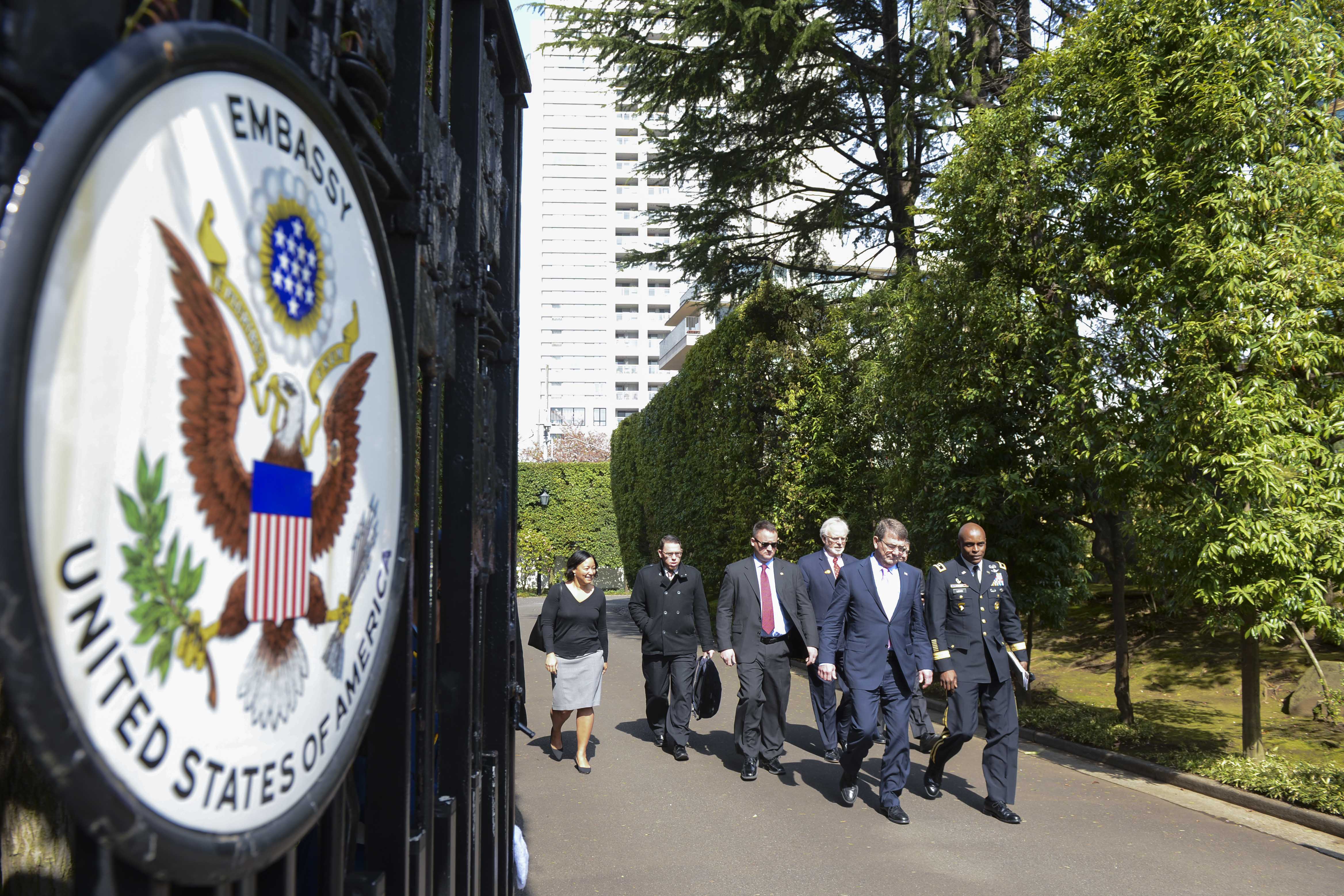 Secretary of Defense Ash Carter leaves the United States Ambassador's Residence after a formal breakfast with Ambassador Caroline Kennedy in Tokyo, Japan April 9, 2015. Carter is making the first U.S. Defense Secretary visit to Japan since the snap elections in late December that saw the re-election of the Liberal Democratic Party. Carter is on a visit to the U.S. Pacific Command Area of Responsibility to make observations for the future force and the rebalance to the Pacific. DoD photo by Petty Officer 2nd Class Sean Hurt/Released.