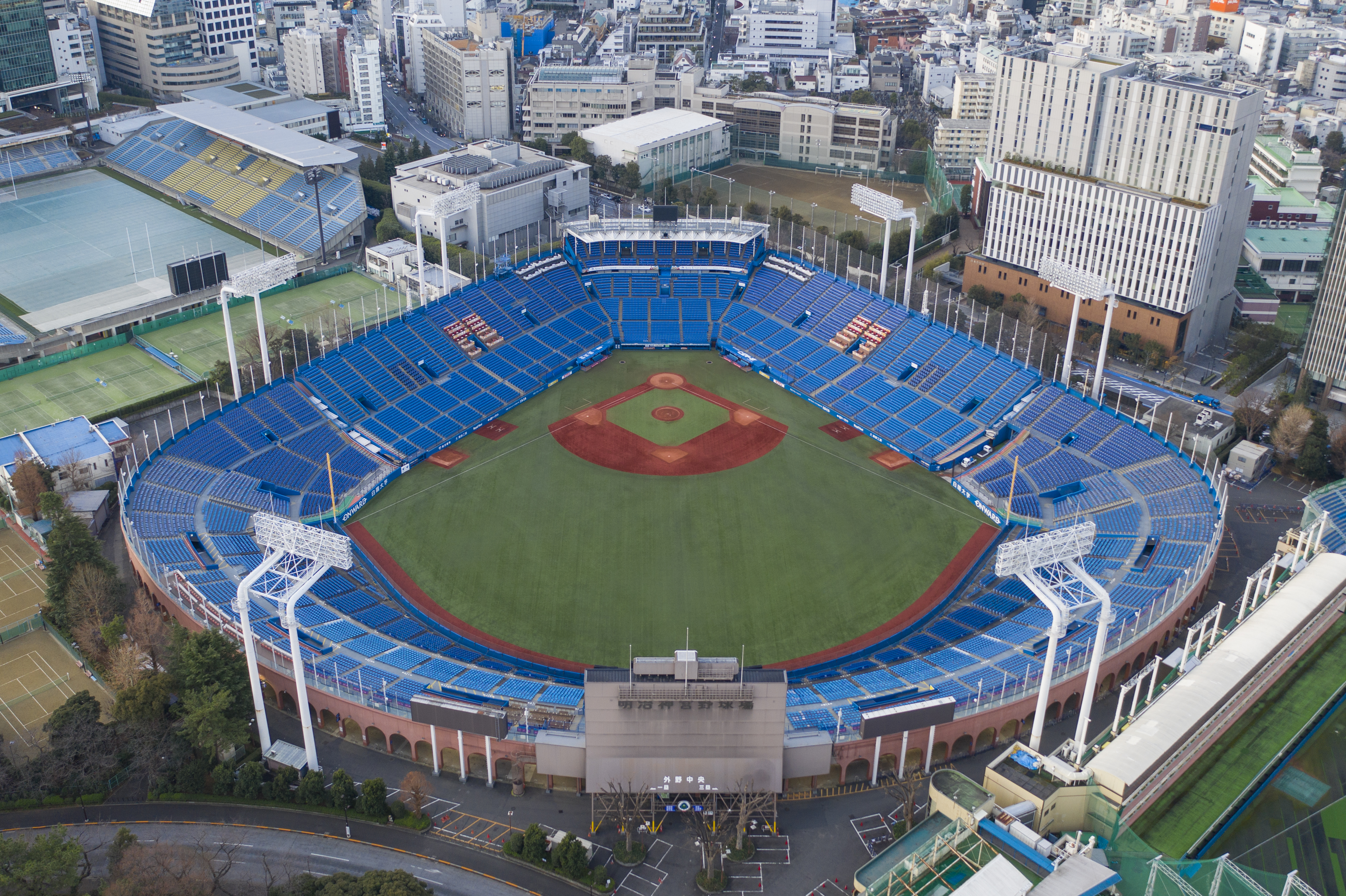 Aerial view of Meiji Jingu Stadium, Tokyo, Japan