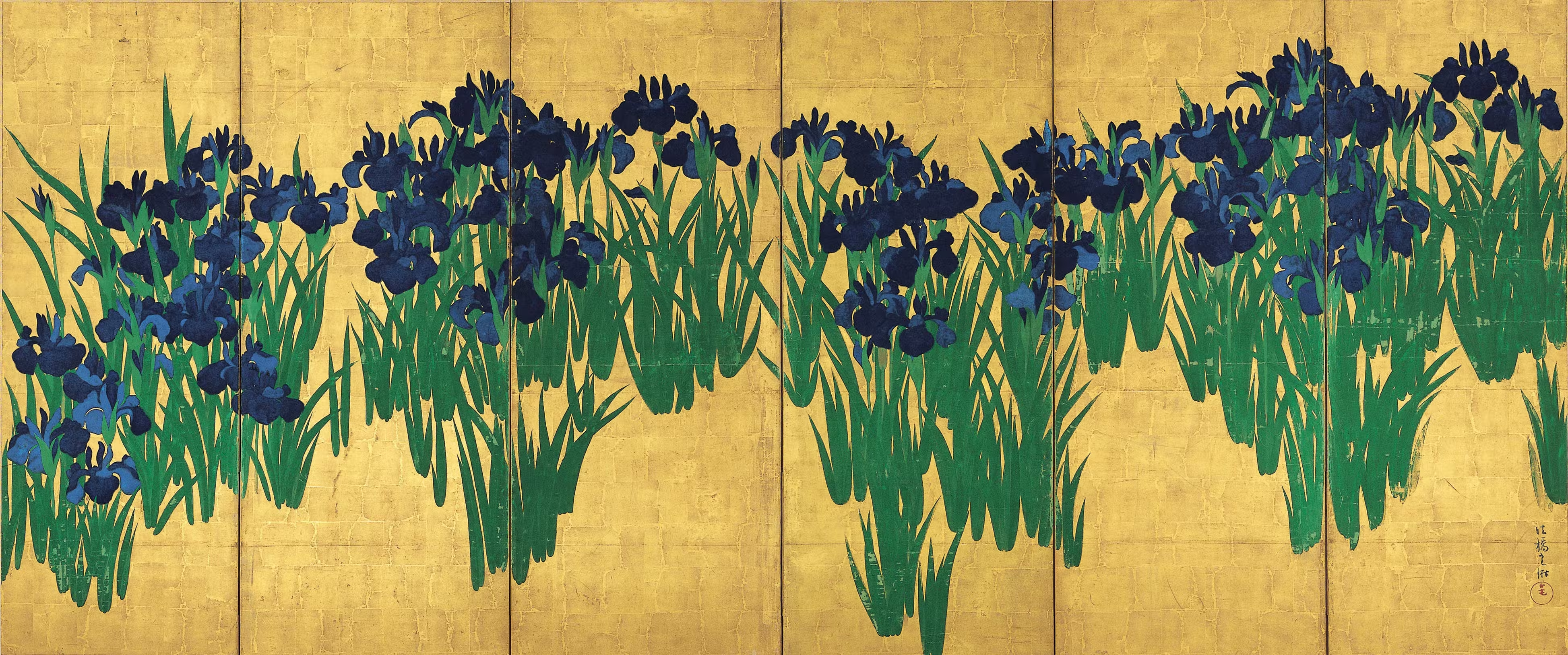 Ogata Korin: Irisis, right screen, 151x360 cm. Ink, color and gold on paper, begin. 18th-century. Nezu Art Museum.