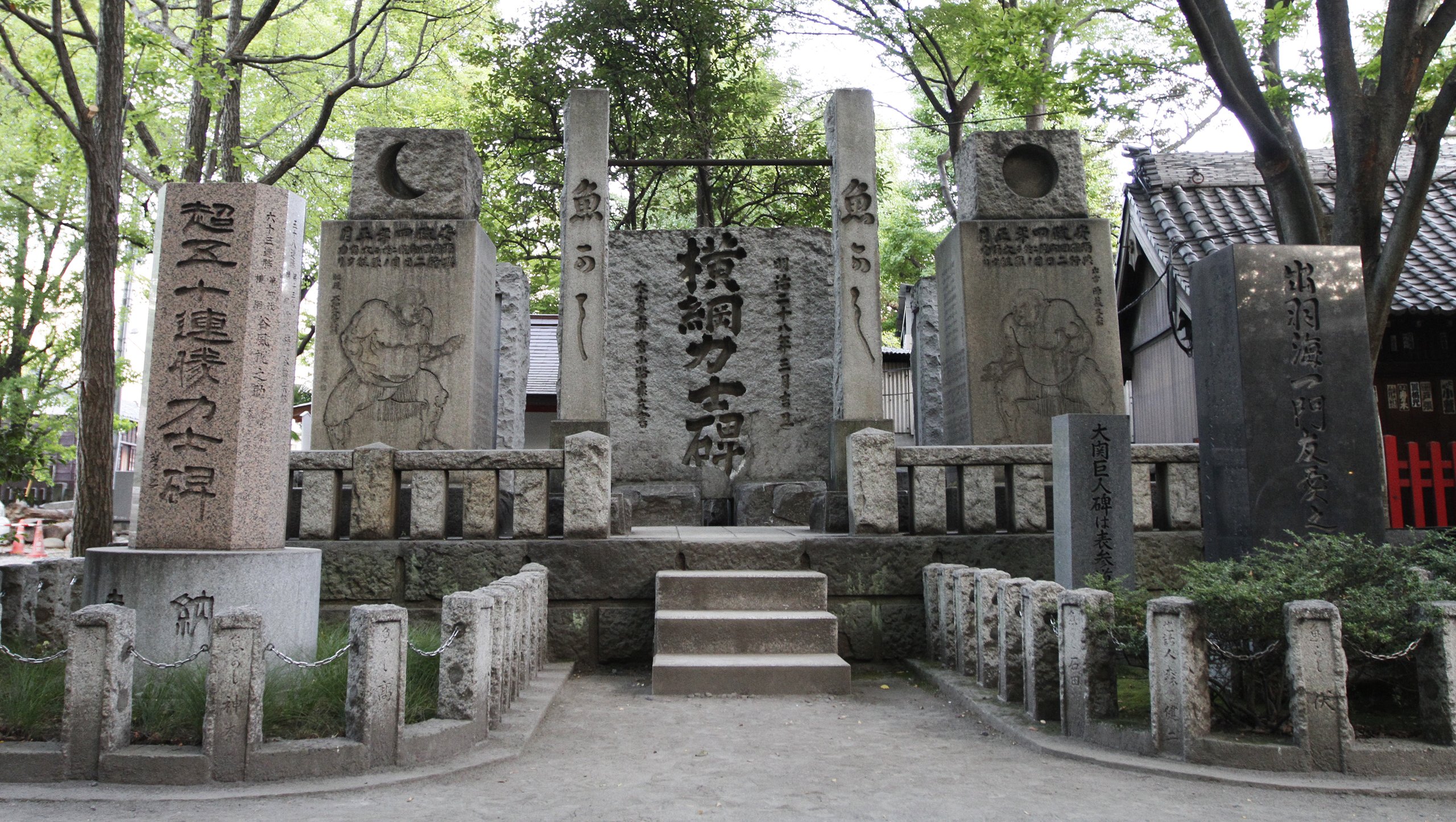Stone Monuments of Yokozuna (Sumo wrestler) at the Tomioka Hachiman Shrine in Koto-ku, Tokyo