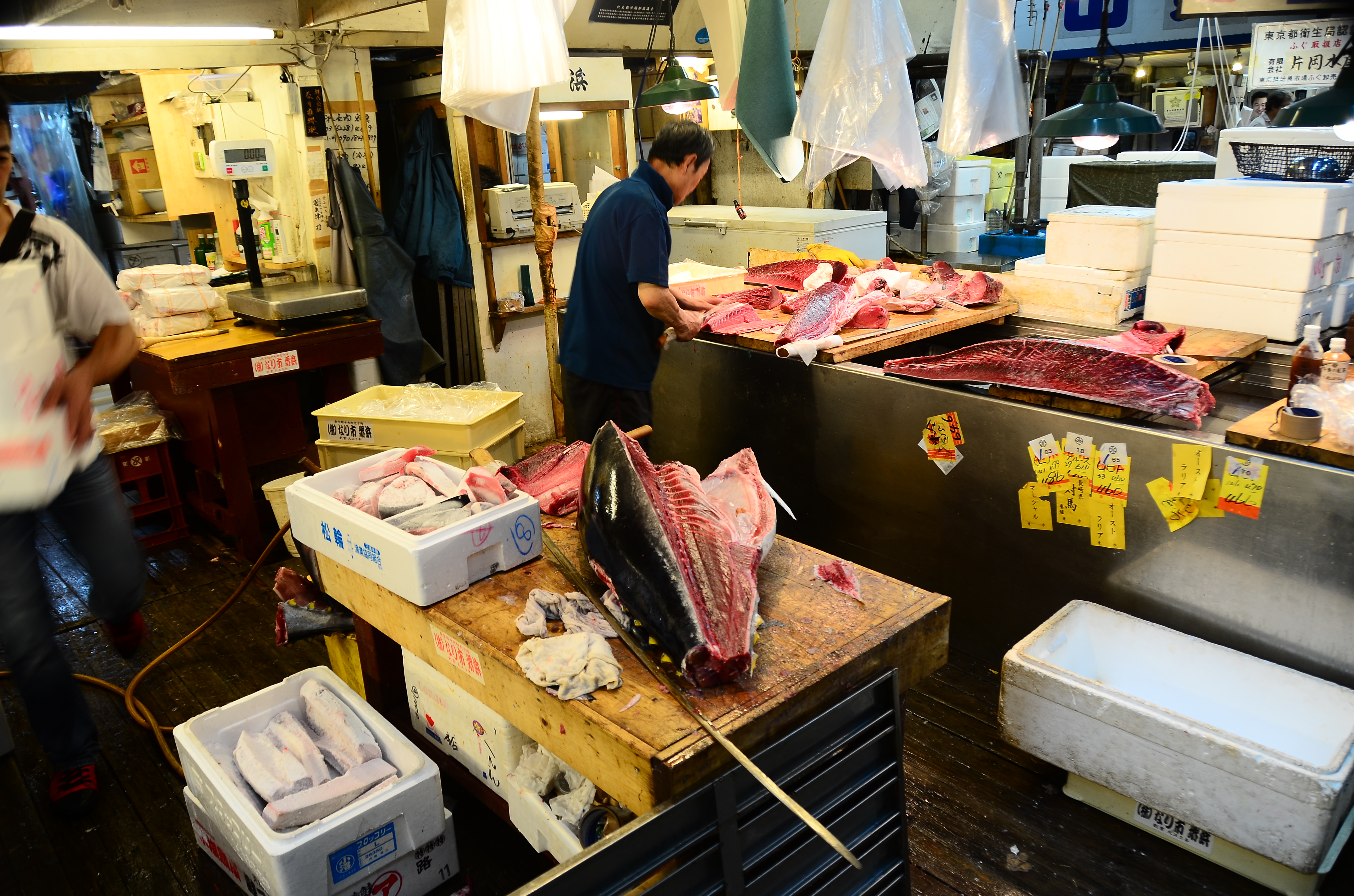 Fishermen cutting tuna fish at Tsukiji fish market.