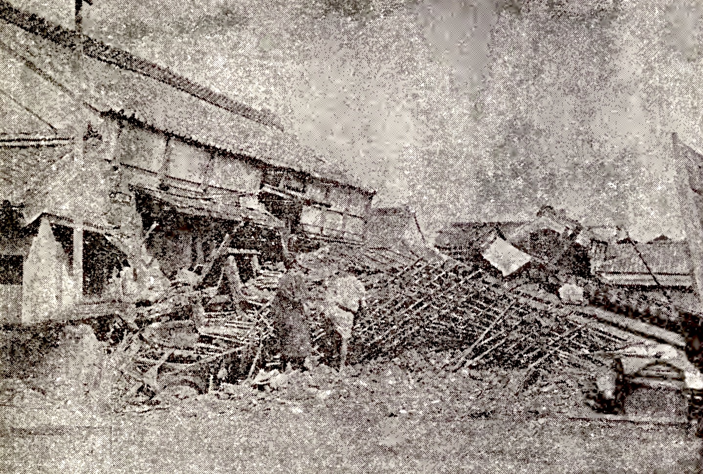 Selection from an old book to show the damage from the 1894 earthquake in Japan. The original description on this one was "Scene at Zaimoku-cho, Kyobashi-ku, Tokyo"