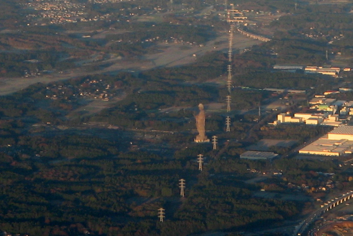 Ushiku Daibutsu from the air when landing at Narita Airport