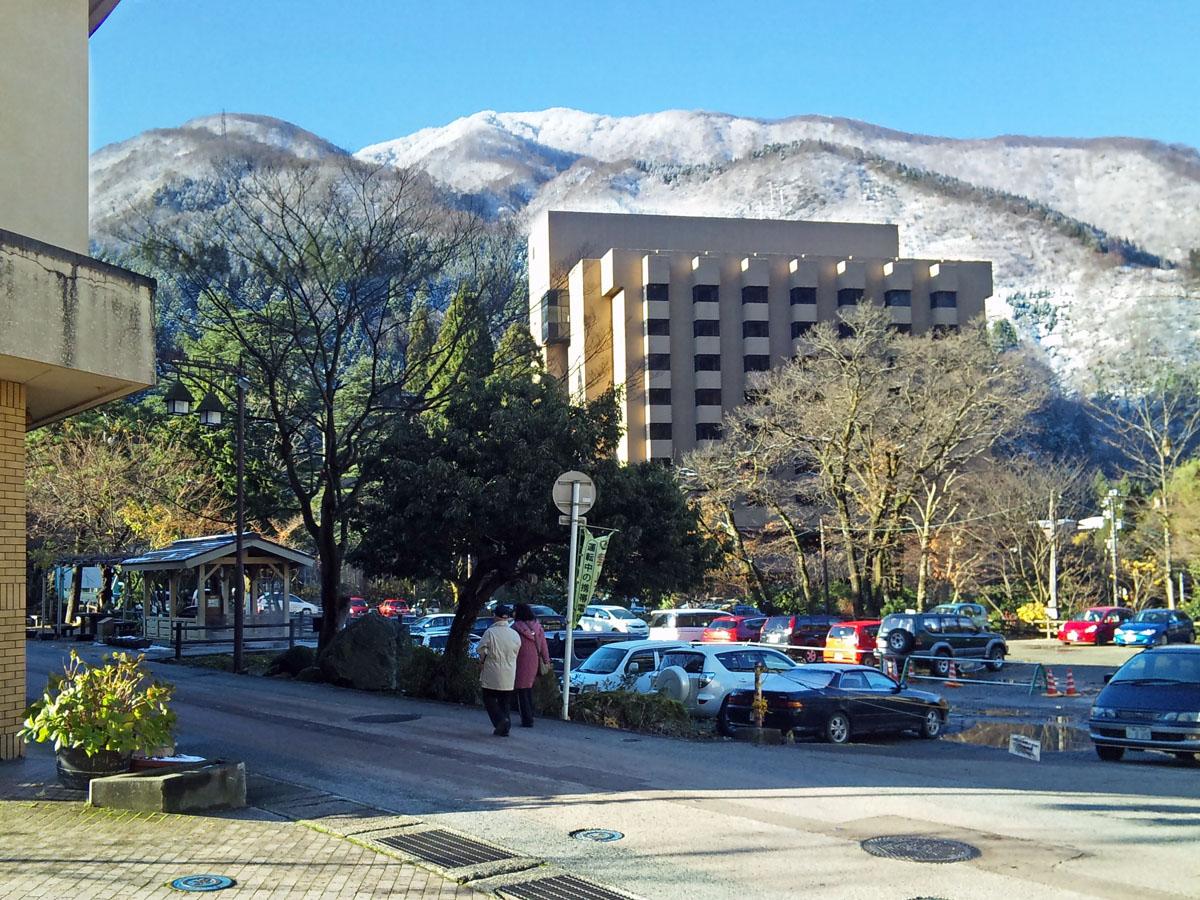 Snow covered mountains seen from Unazuki Park in Unazuki Onsen, Kurobe, Toyama, Japan