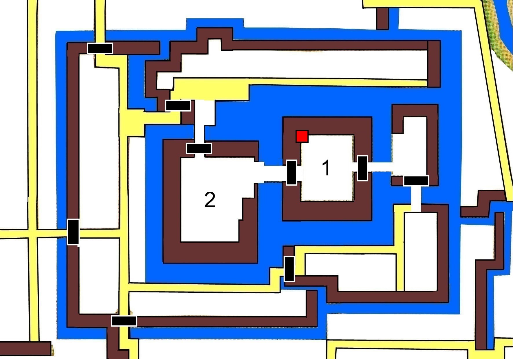 Layout of former Nagaoka Castle. 1: Honmaru (本丸), 2: Ni-no-Maru (二の丸)