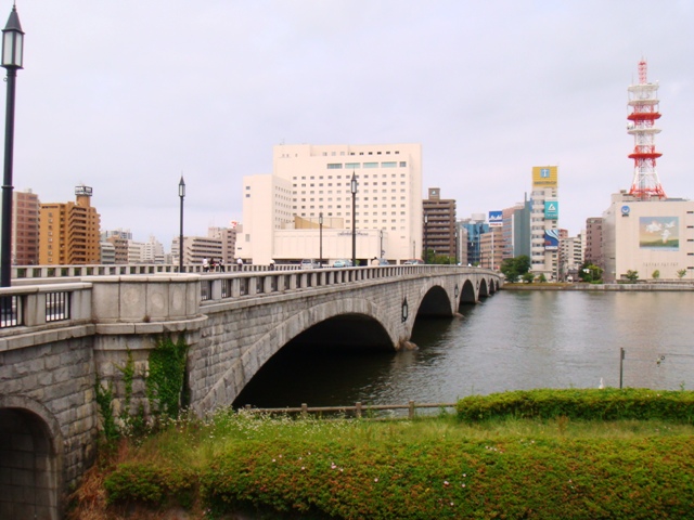 Bandai Bridge, the old styled rock bridge over Shinano River and it is designating as one of the important cultural assets in Japan, Niigata (city)