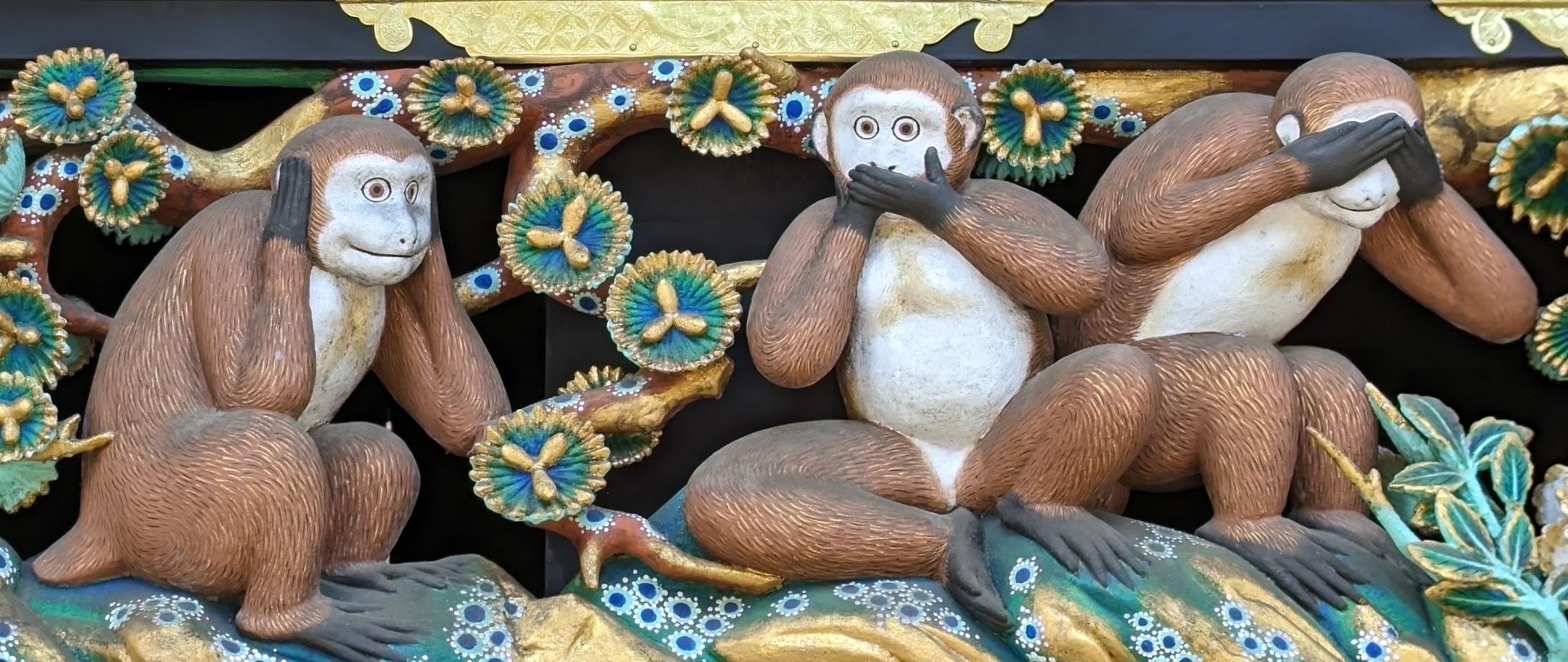 Carving of the Three Wise Monkeys who "hear no evil, say no evil, see no evil" in Nikko Toshogu, Japan. Restored c. 2021, but the original carvings are several centuries old (c. 1600s) and long out of copyright.