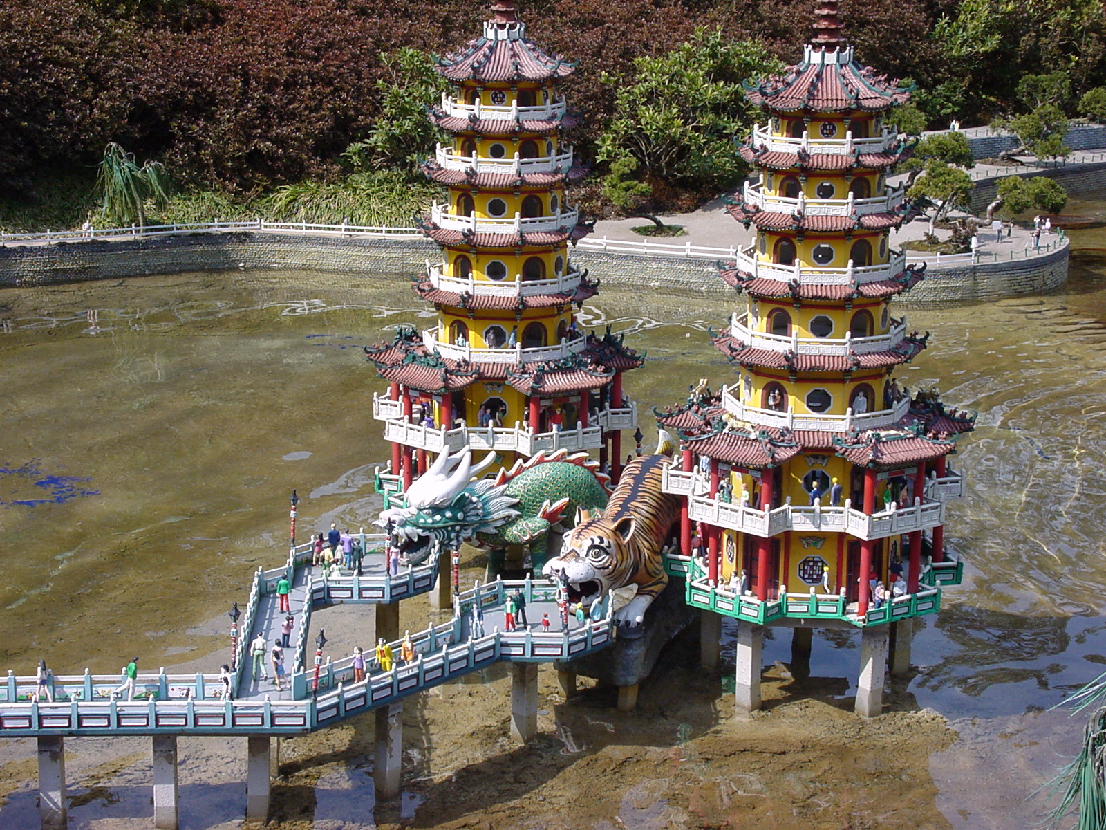 1:25 scale miniature version of the Dragon and Tiger Pagodas on Lotus Lake in Taiwan, at Tobu World Square