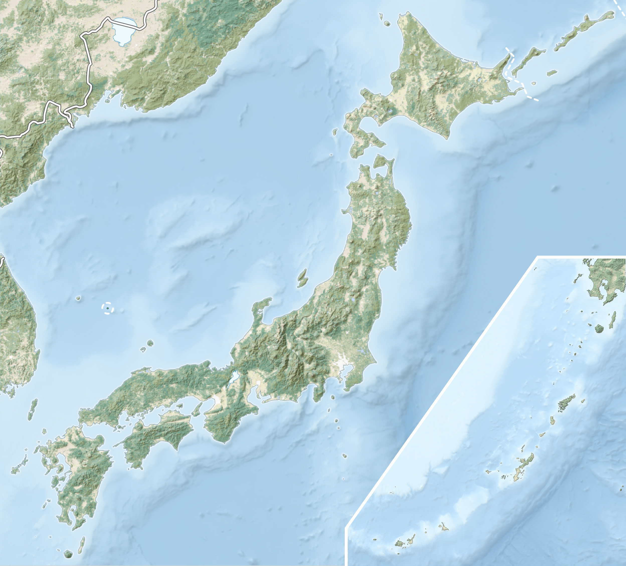 Natural Location map of Japan
Equirectangular projection.
Geographic limits to locate objects in the main map with the main islands:
N: 45°51'37" N (45.86°N)
S: 30°01'13" N (30.02°N)
W: 128°14'24" E (128.24°E)
E: 149°16'13" E (149.27°E)
Geographic limits to locate objects in the side map with the Ryukyu Islands:
N: 39°32'25" N (39.54°N)
S: 23°42'36" N (23.71°N)
W: 110°25'49" E (110.43°E)
E: 131°26'25" E (131.44°E)