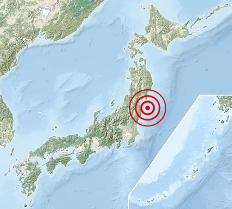 מיקום רעשי אדמה באוקיינוס השקט לחופי יפן, 16 במרץ 2022