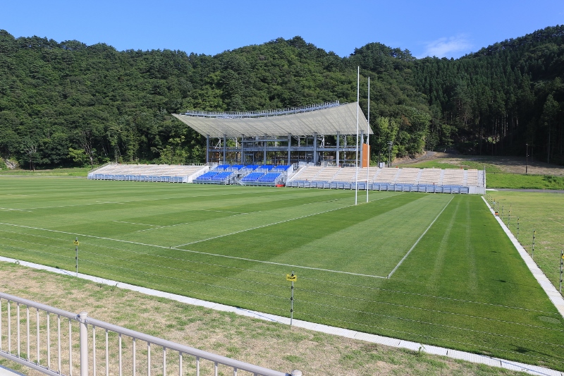 The main stand at Kamaishi Recovery Memorial Stadium in Kamaishi, Iwate, Japan. It is planned to host two matches during the 2019 Rugby World Cup.