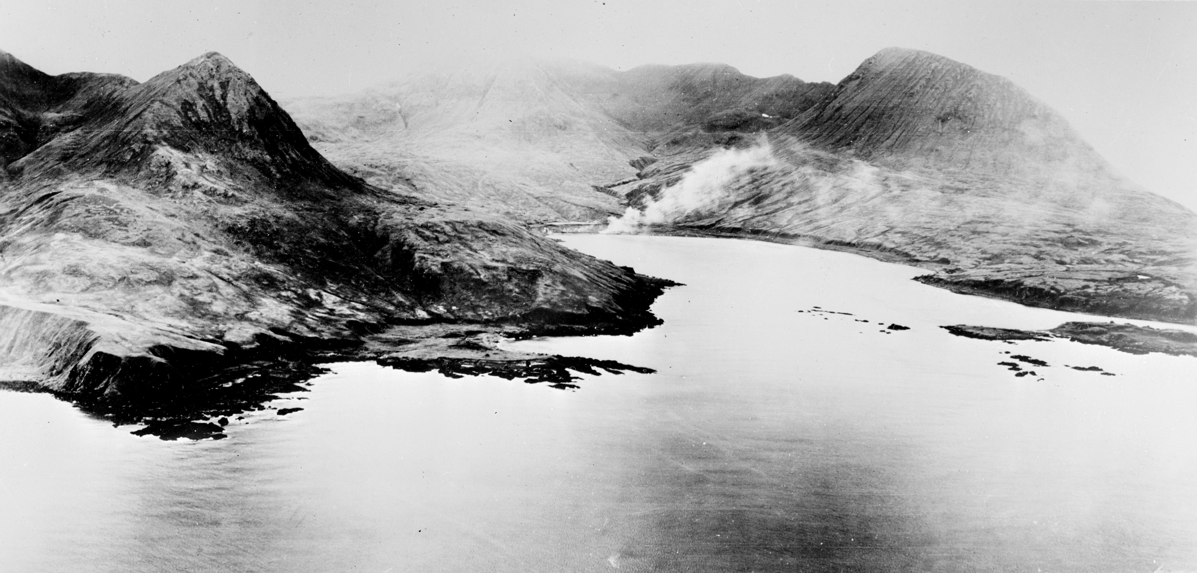 Aerial photo of Chichagof harbor on Attu island, Alaska (USA), during the Battle of Attu, 11 to 30 May 1943.