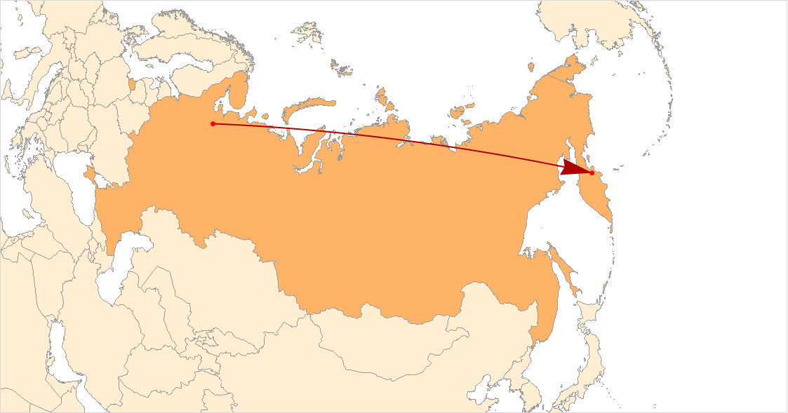 map of missile flight path Plesetsk - Kura
