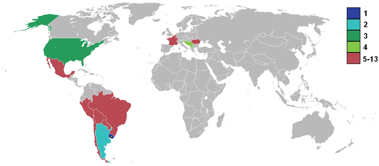 1930 FIFA World Cup, derived from Image:BlankMap-World_1935.png and Image:1930 world cup.png, countries qualified (red), showing:
1st (dark blue)
2nd (light blue)
3rd (dark green)
4th (light green)
Round 1 (red)
Yellow square is host nation.