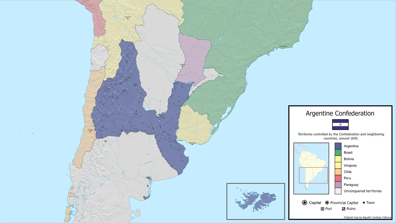 Map of territories controlled by the Confederation around 1830.