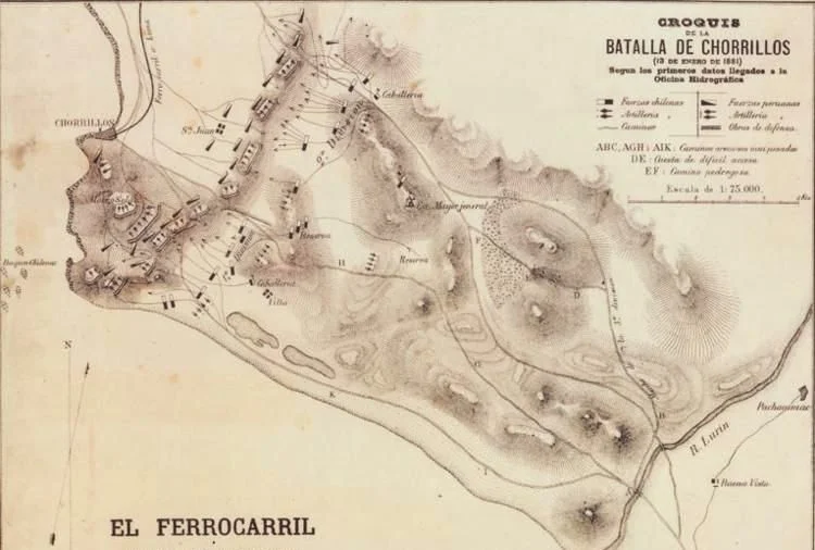 Croquis de la Batalla de San Juan y Chorrillos. El Ferrocaril. Santiago, Febrero 2 de 1881