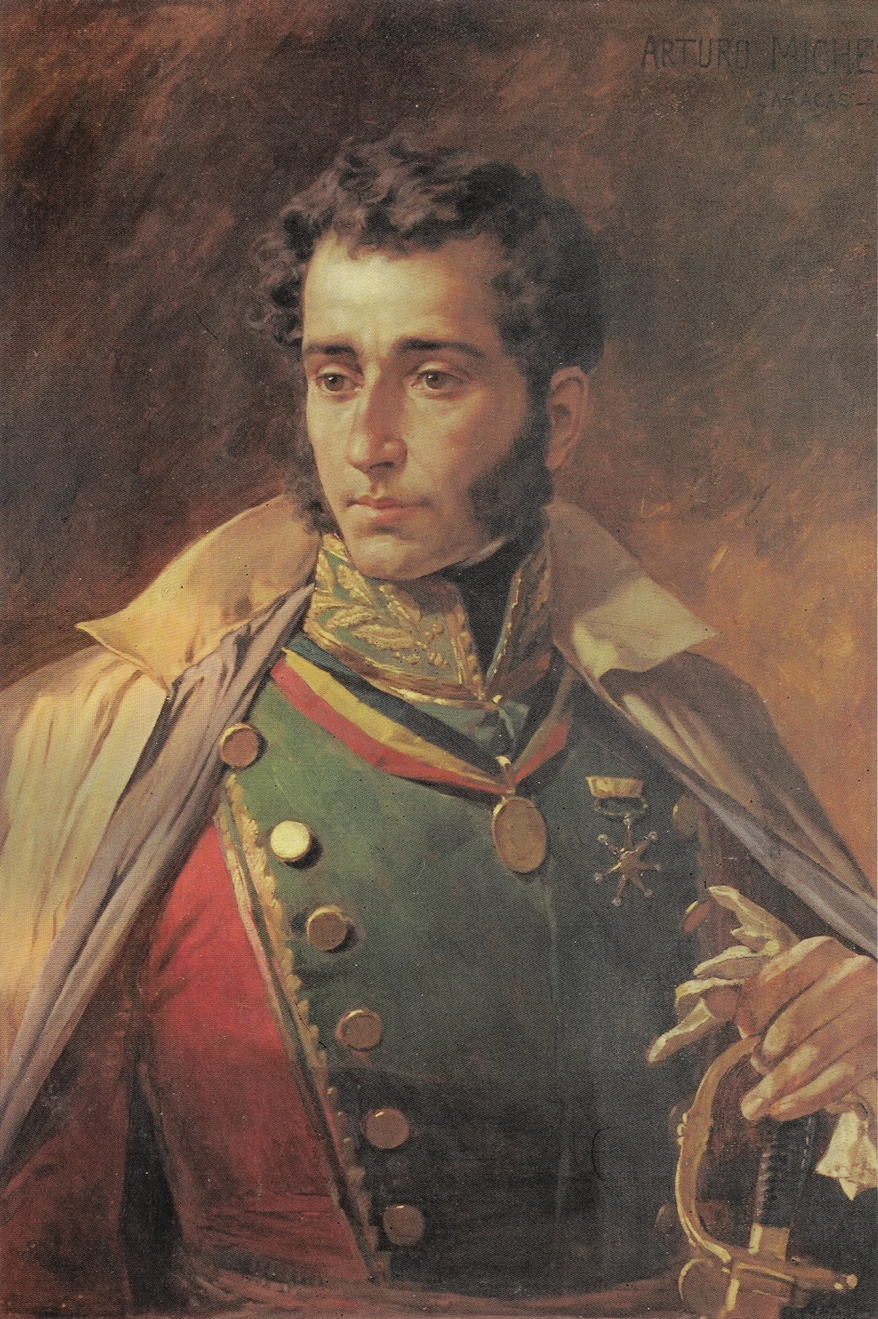 Painting titled Paso de Vencedores by Colombian painter Francisco Antonio Cano who painted it in 1916, this painting depicts the General Jose Maria Cordova leading the Gran Colombian army at the Battle of Ayacucho in 1824