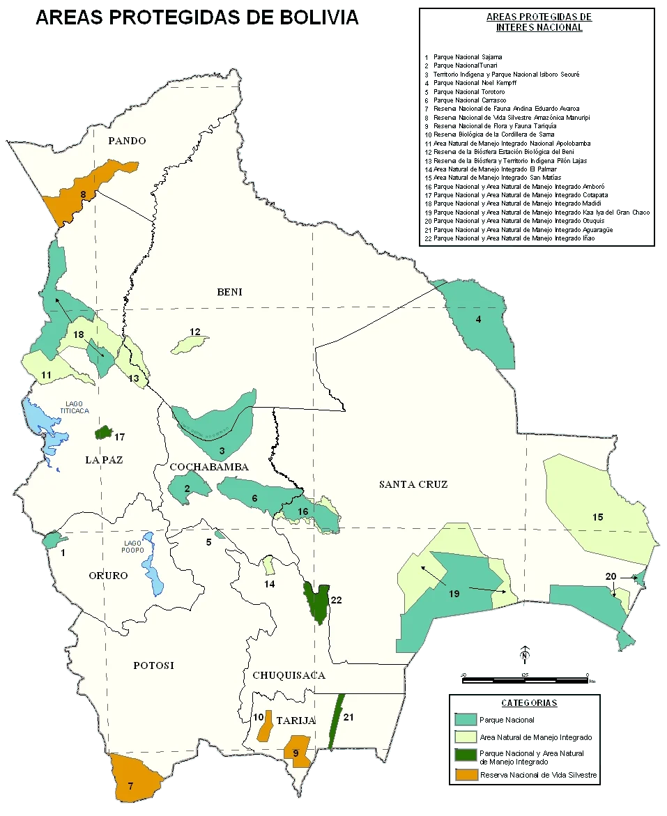 Map of the National parks of Bolivia.