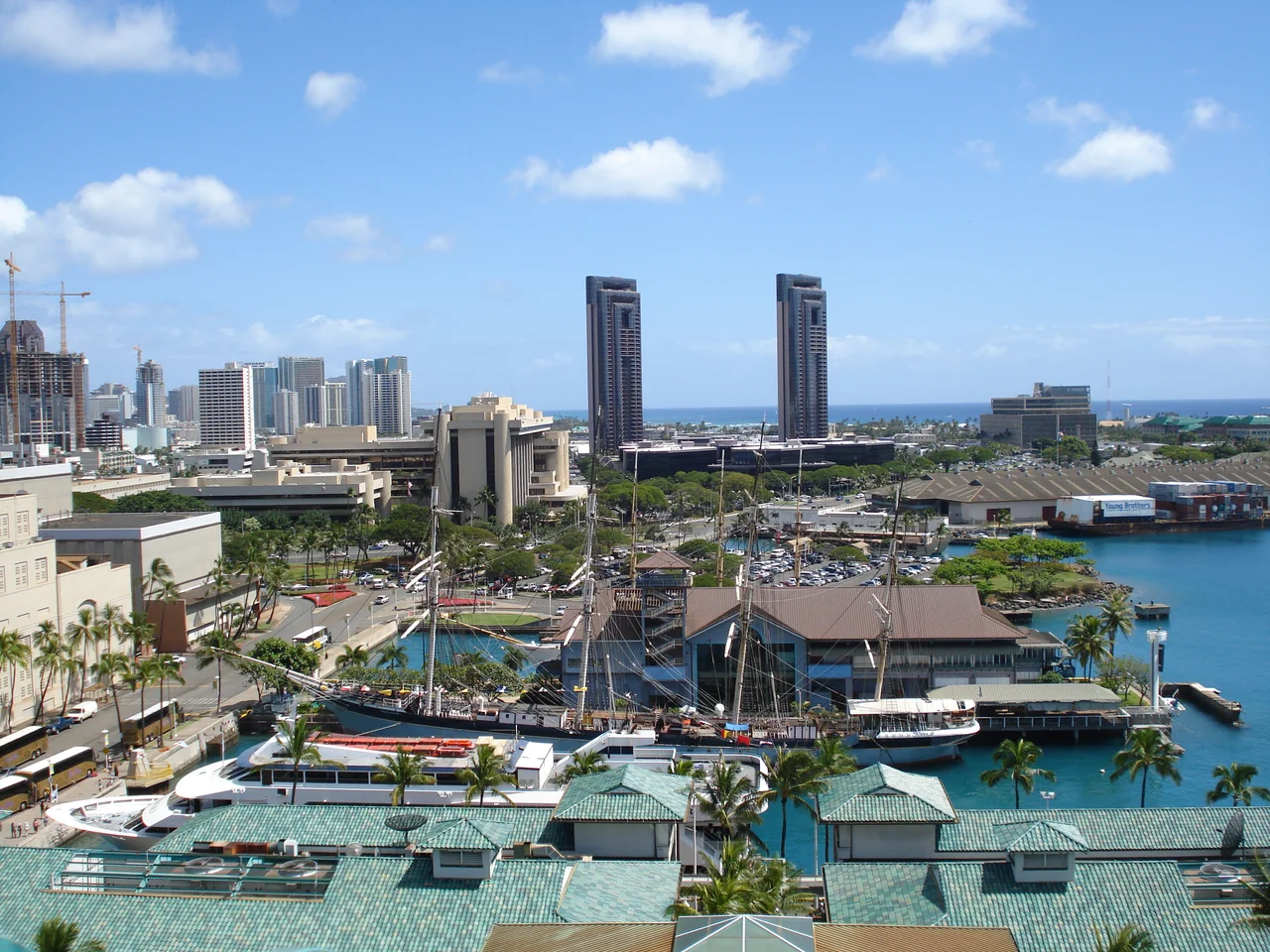 View east from the top of Aloha Tower, Falls of Clyde and Hawaii Maritime Center can be seen in center and One Waterfront Towers in the background.