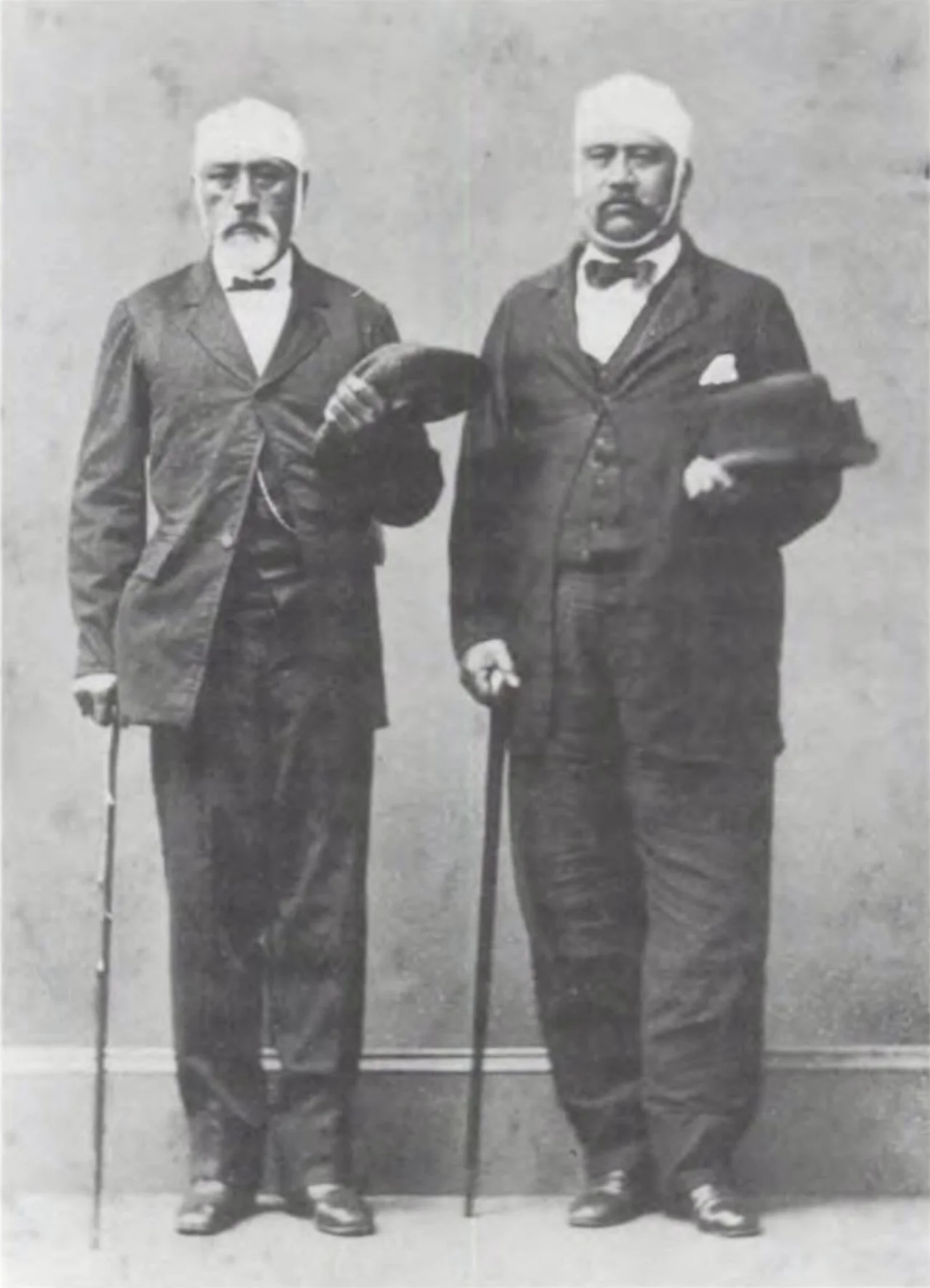 Representatives William Thomas Martin and William Luther Moehonua, survivors of the attack on the legislative assembly by Queen Emma's supporters, 12 February 1874. Kalakaua made Moehonua his first minister of the interior and later governor of O'ahu. Martin did not return to the legislature.
