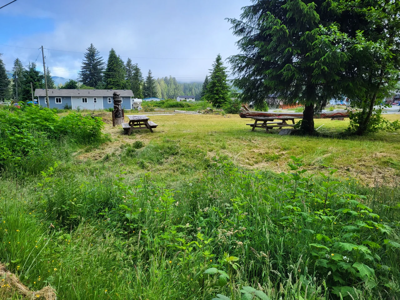 Small Park on the Pacheedaht reserve with tables, older canoes and a Totem Pole