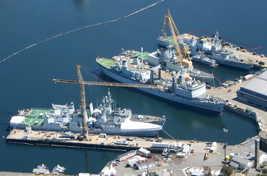 Aerial photograph of Canadian warships docked at CFB Esquimalt in Esquimalt, B.C., Canada. Photo by Duke, July 2005.