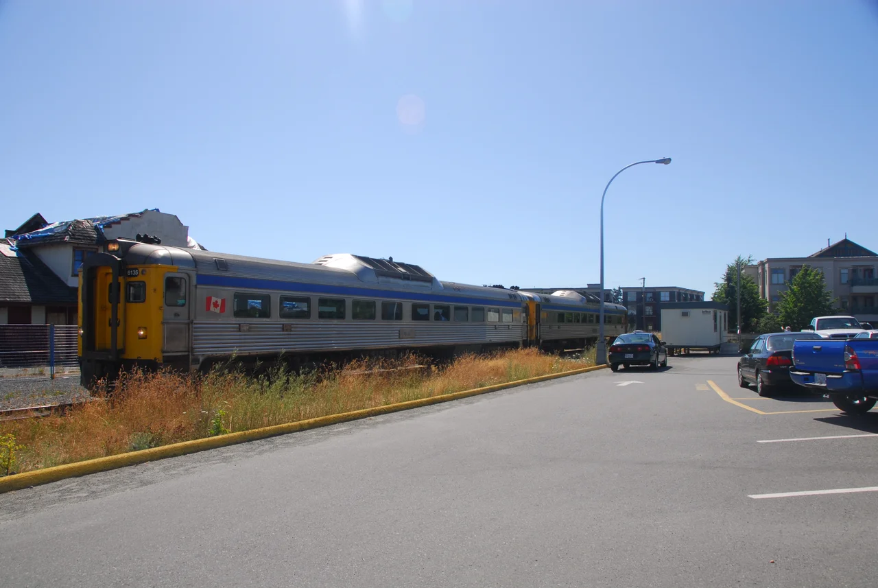 Nanaimo Station of the Southern Railway of Vancouver Island in Nanaimo, British Columbia, Canada, with a VIA Rail RDC-1 train.