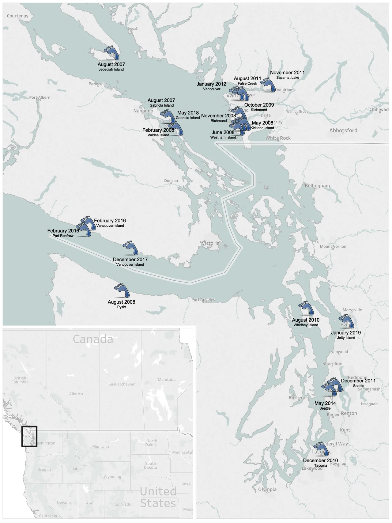 Map of Salish Sea human foot discoveries through December 8, 2017