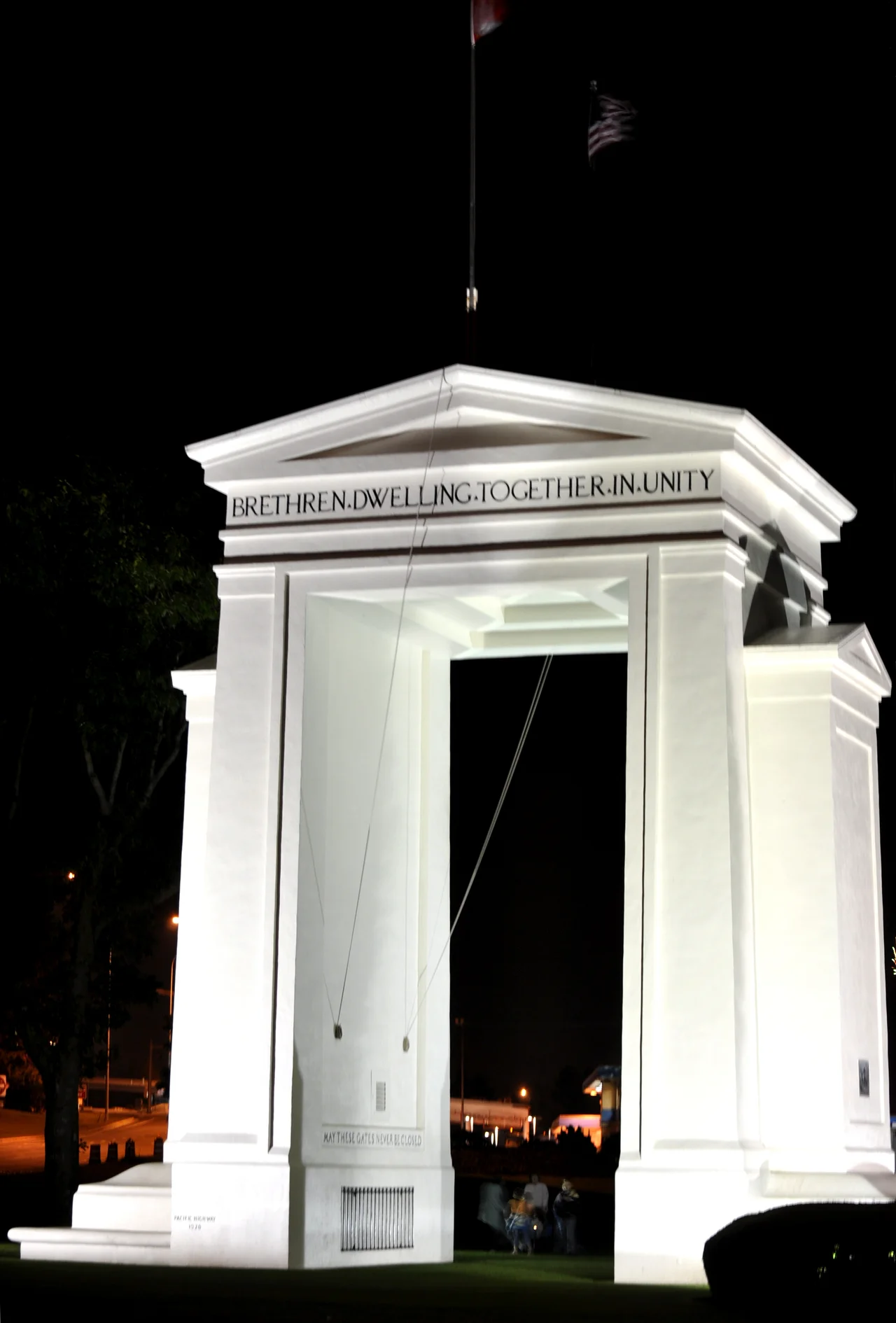 Peace Arch at night.
