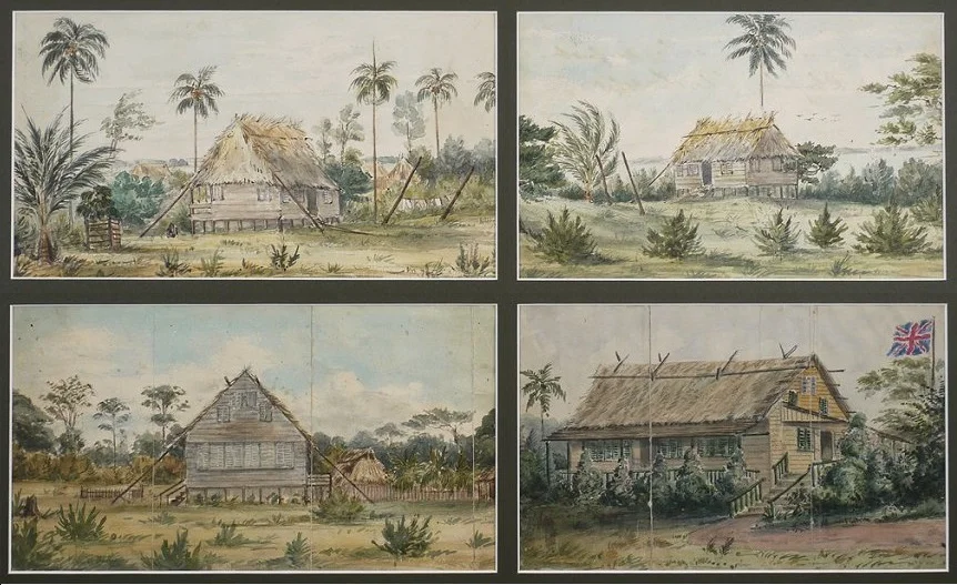 Four watercolors showing dwellings in Bluefields on the Mosquito Coast (also Mosquito Shore), then a British protectorate. They are the work of a traveler who was in Bluefields in July 1845.
The same year these watercolors were done, the new Miskito boy king and his guardian, the British Agent, settled in Bluefields, which had been chosen as the "capital" of the Miskito Coast. German Moravian Church colonists settled there early in 1847 but nearly all had left three years later.

 "Bluefields is the capital of Mosquitia. It is situated on the river and lagoon of the same name. In the midst of the palms bordering the river is the residence of the king, and his English tutor or guardian, over which floats the British flag. At some distance from this is the House of Justice, which is under the Mosquitia flag." (Belize newspaper article from the late 1840s)