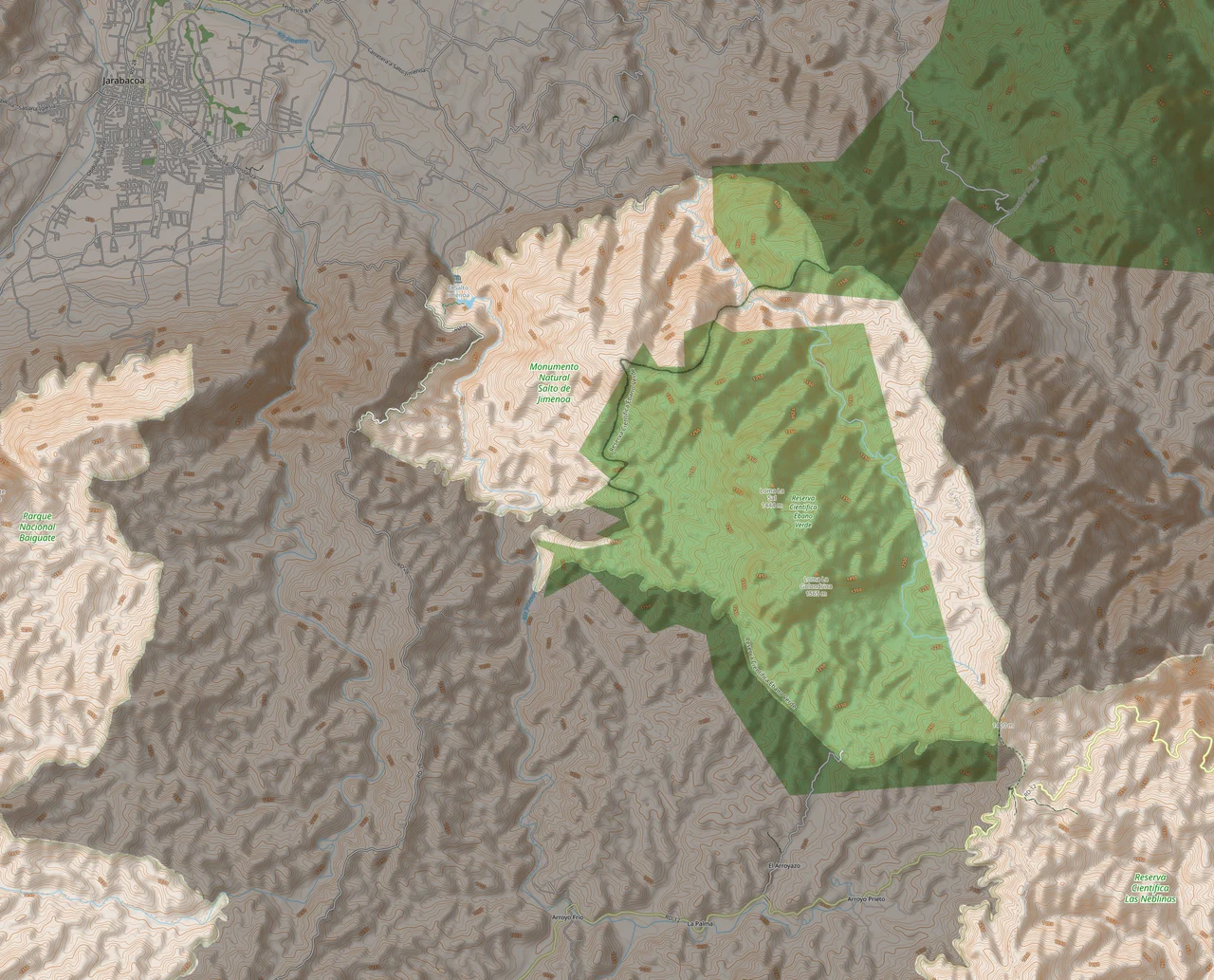 View of Ebano Verde's location and proximity to neighboring towns, such as Jarabacoa. Highlighted areas are "Ebano Verde" and "Salto de Jimenoa" in the center, "Baiguate" in the West and  "Las Neblinas" in the SouthEast.