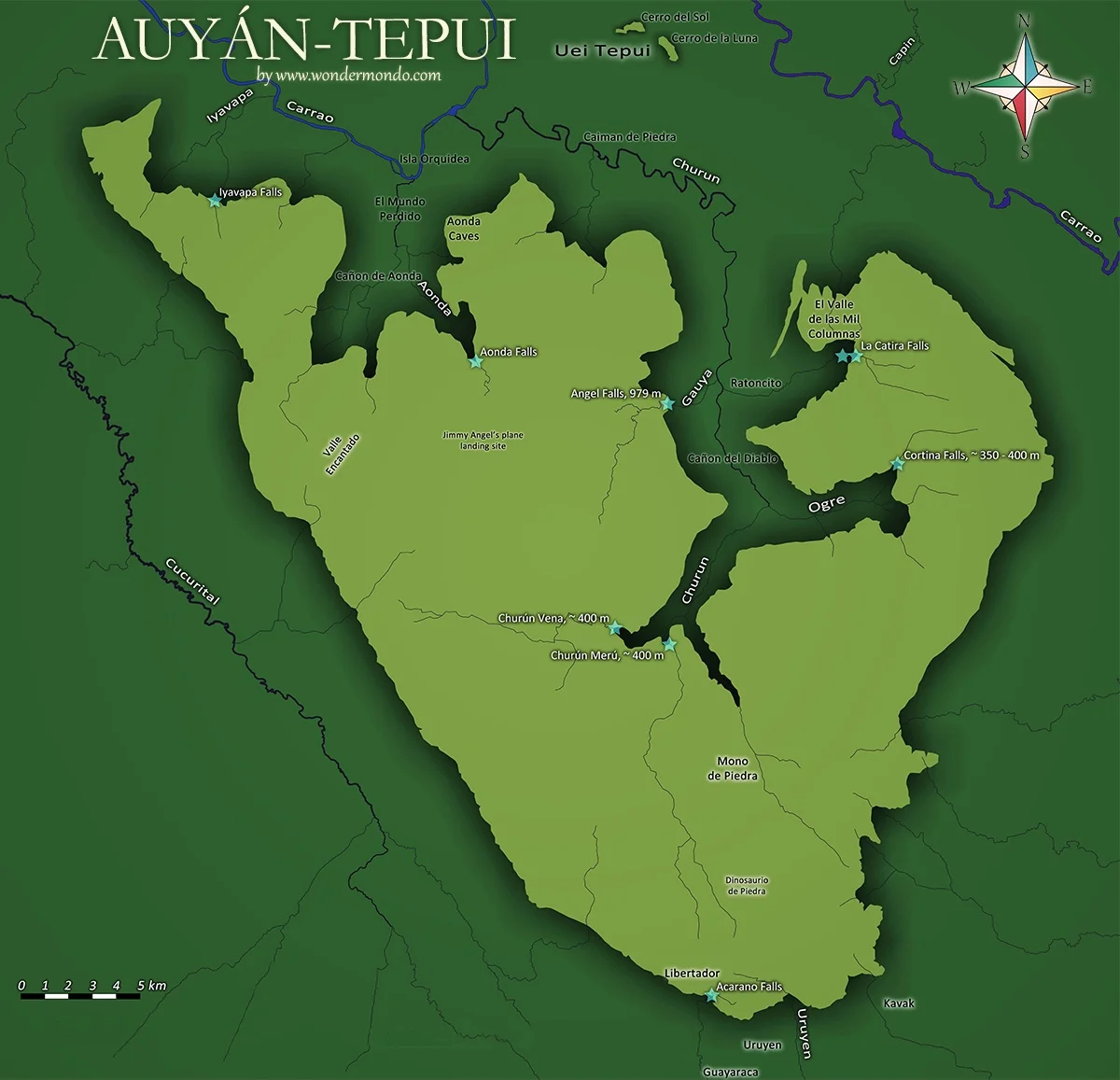 Overview map of Auyán-tepui with most notable landmarks marked. Map created based on satellite images and information from several books and scientific articles.